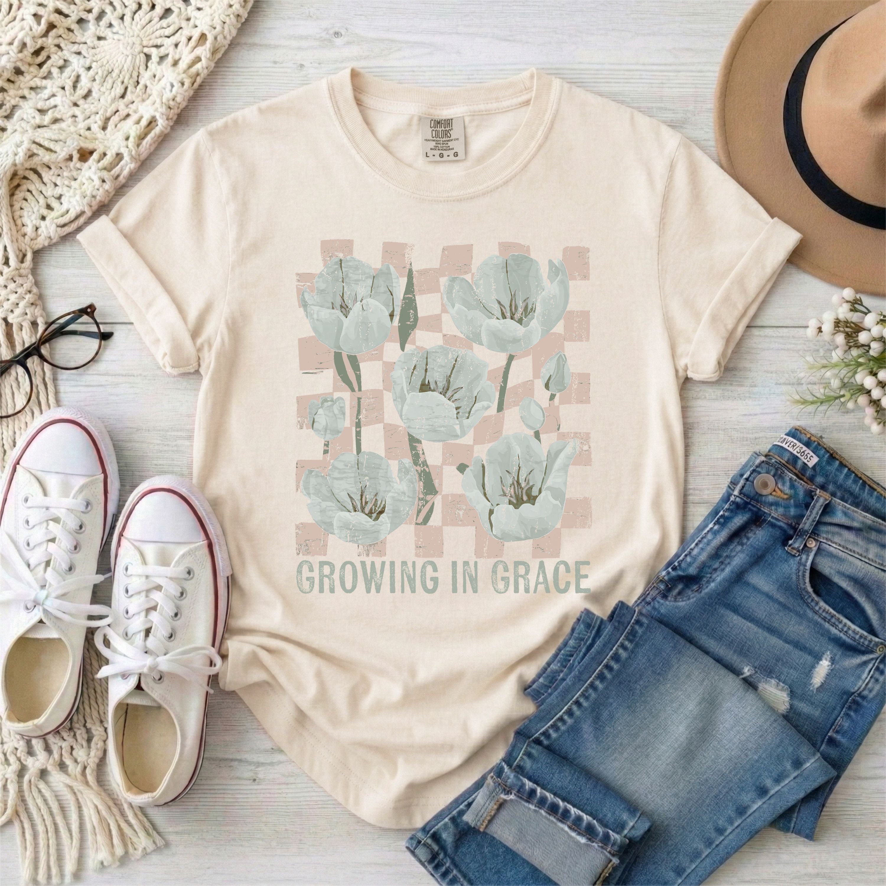 Growing in Grace Floral T-Shirt, Pink Checkerboard Background