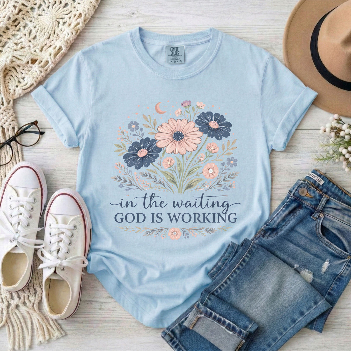 In the Waiting God Is Working Pastel Floral Christian T-Shirt