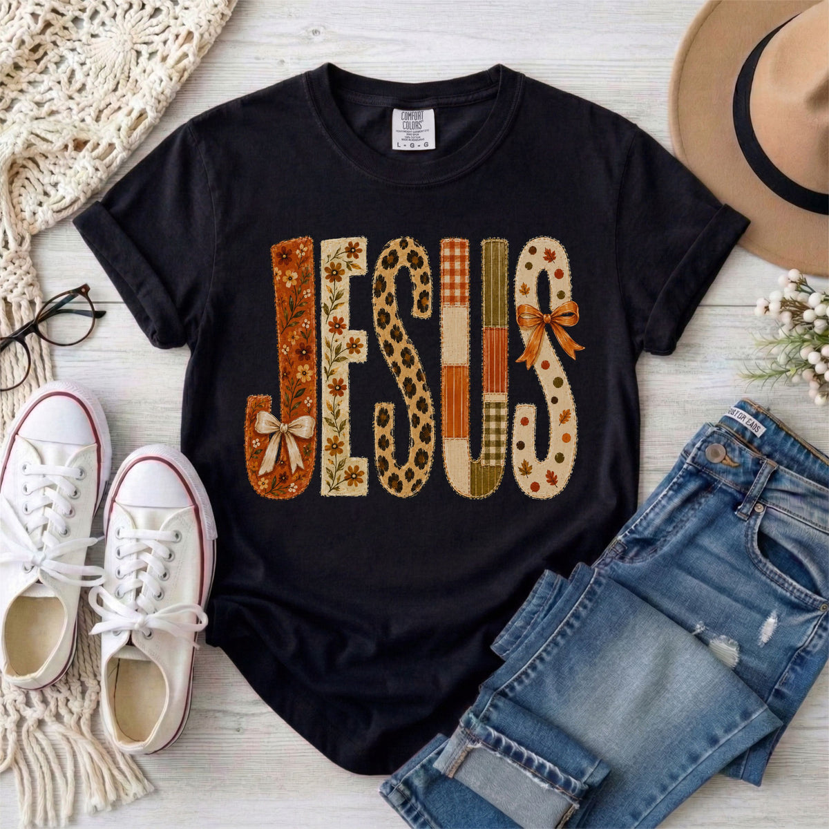 JESUS Faux Patchwork Leopard Print Fall T-Shirt
