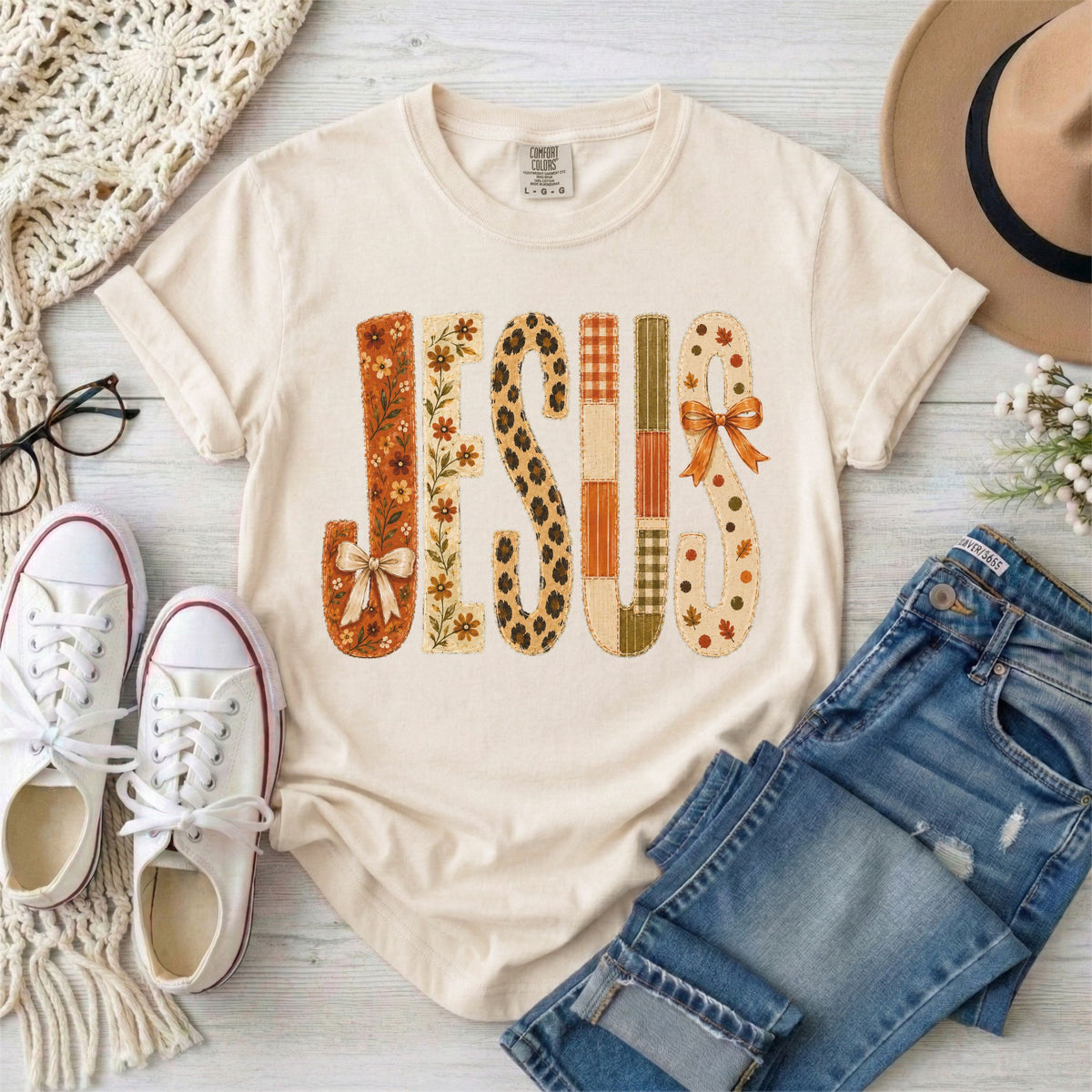 JESUS Faux Patchwork Leopard Print Fall T-Shirt