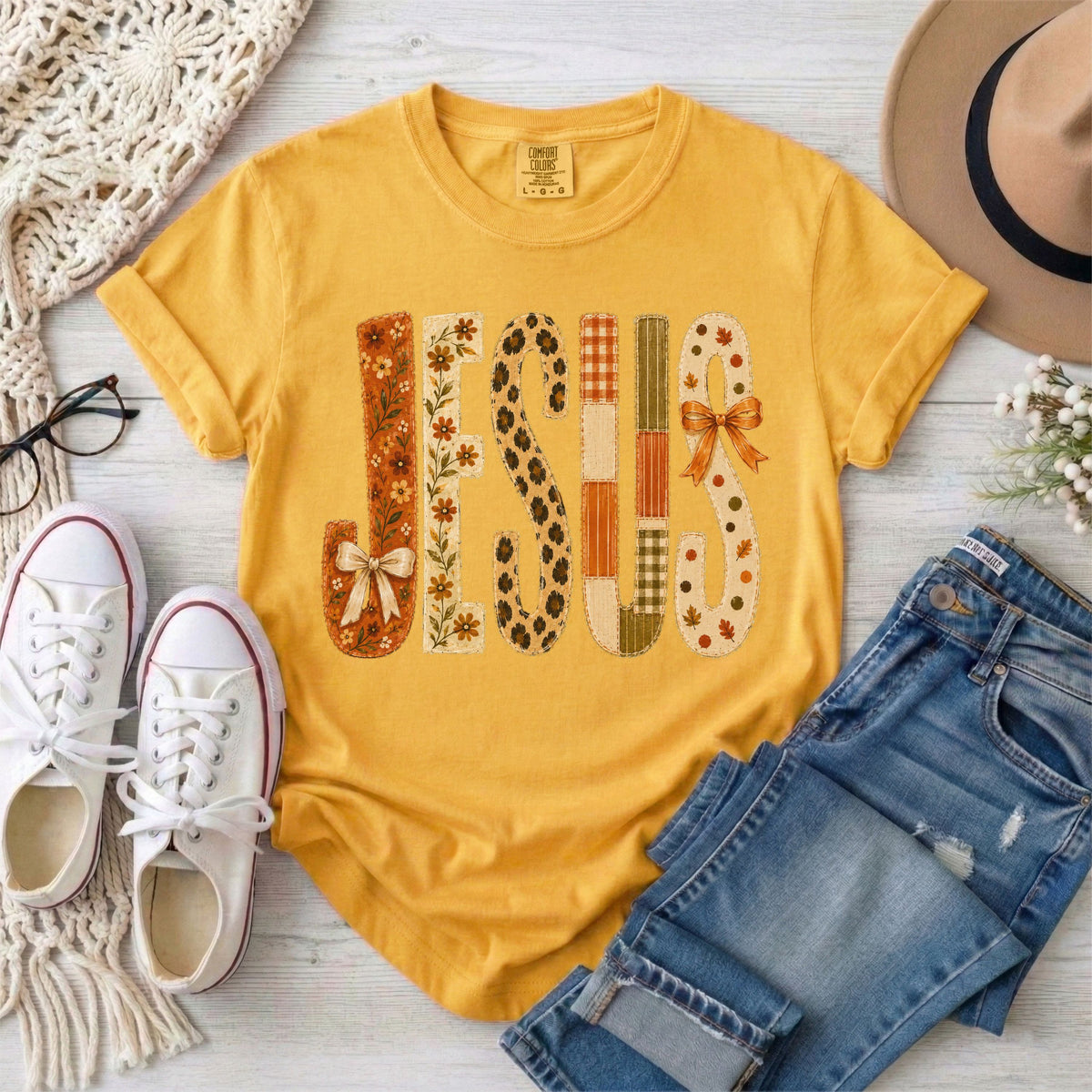 JESUS Faux Patchwork Leopard Print Fall T-Shirt