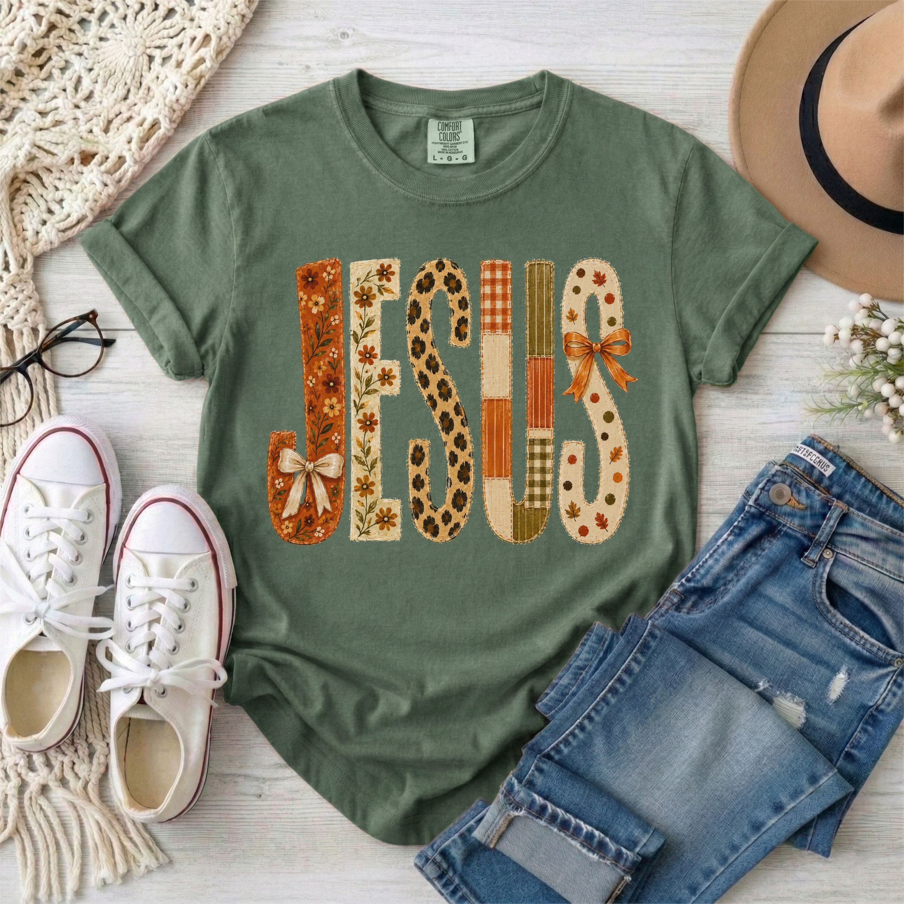 JESUS Faux Patchwork Leopard Print Fall T-Shirt