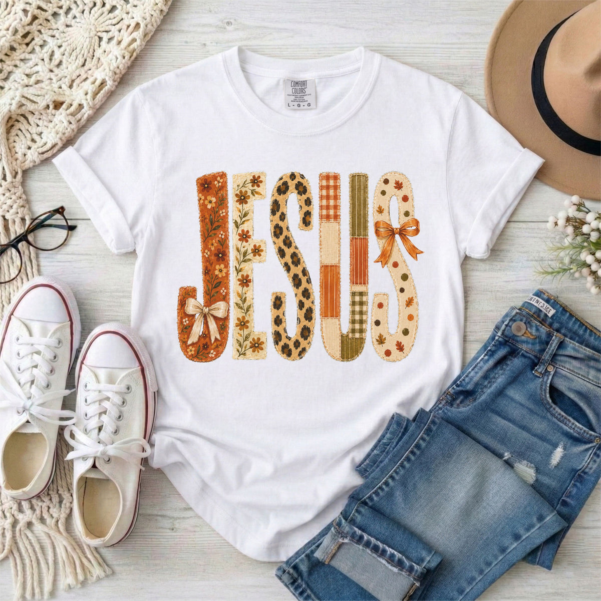 JESUS Faux Patchwork Leopard Print Fall T-Shirt