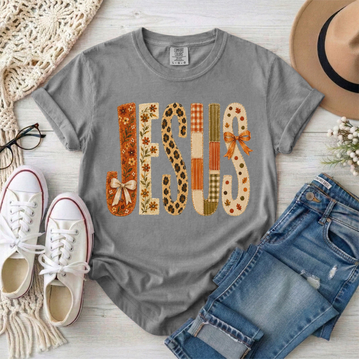 JESUS Faux Patchwork Leopard Print Fall T-Shirt