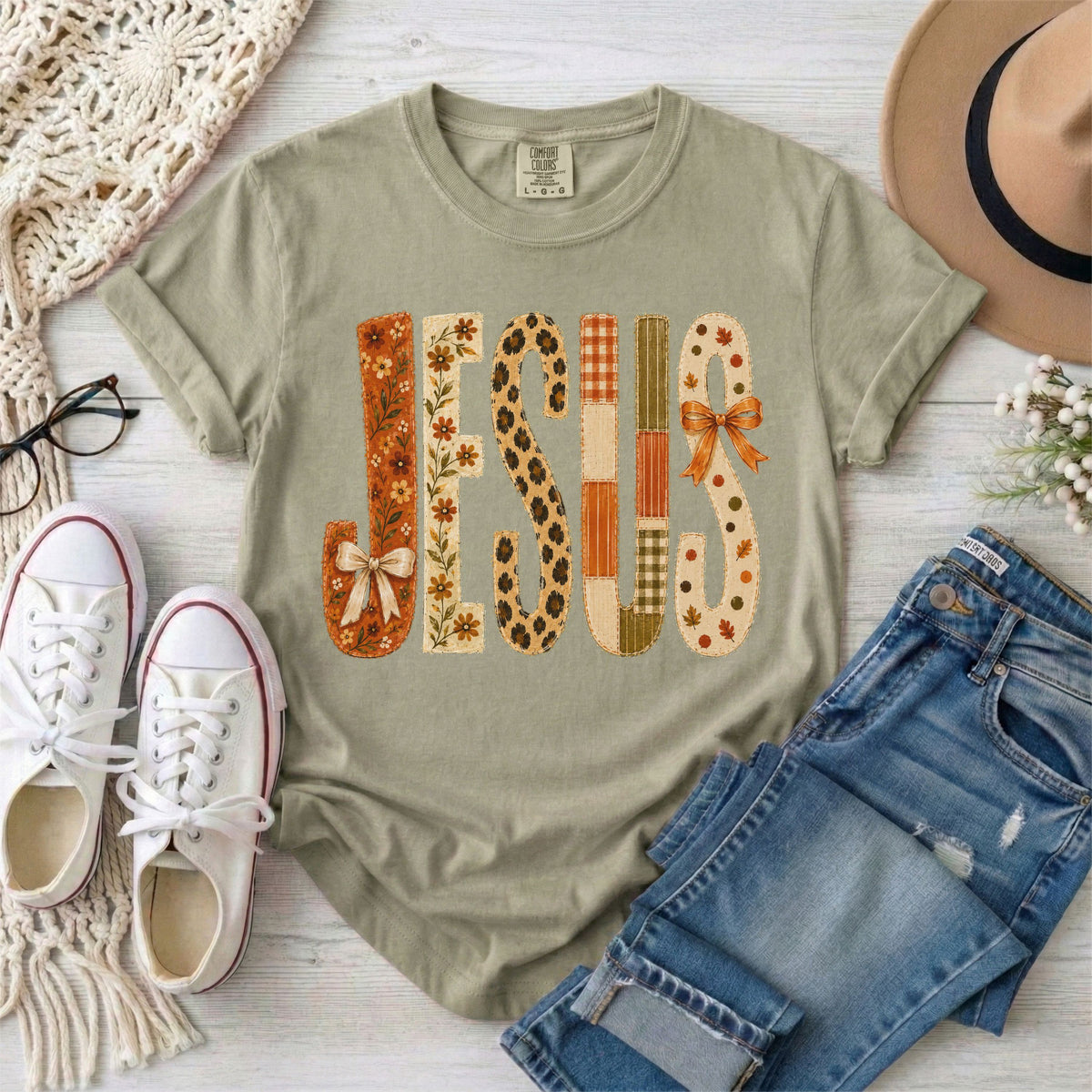 JESUS Faux Patchwork Leopard Print Fall T-Shirt