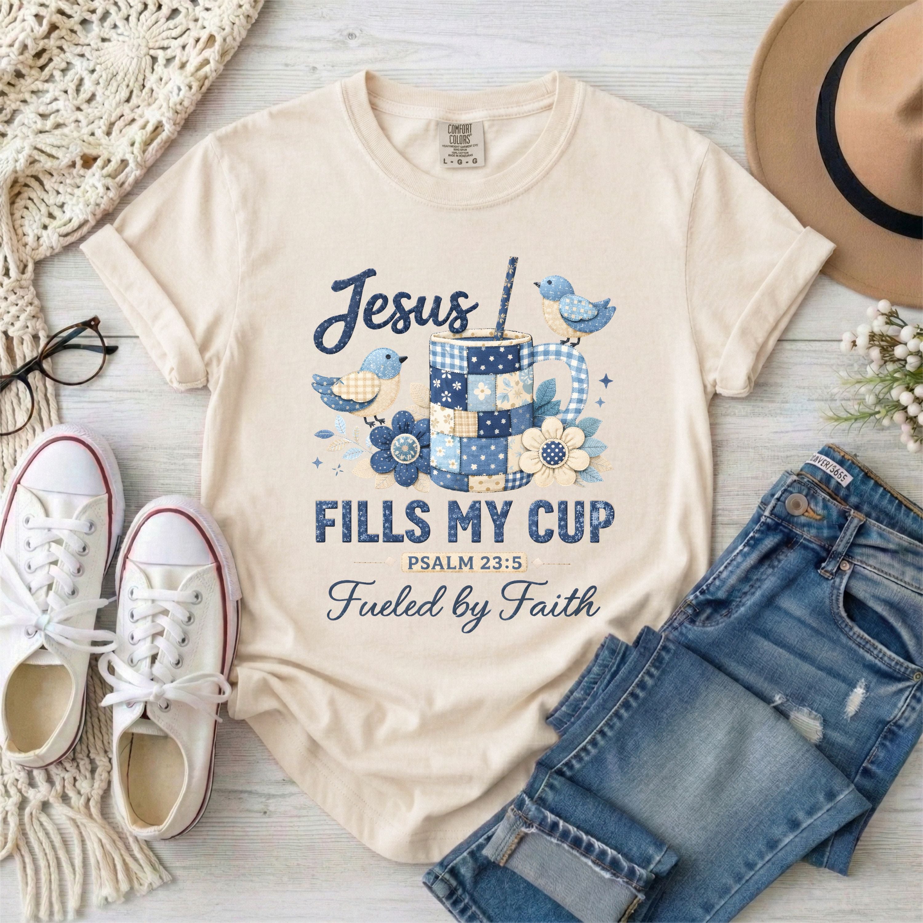 Jesus Fills My Cup Psalm 23:5 Faux Patchwork, Fueled by Faith T-Shirt