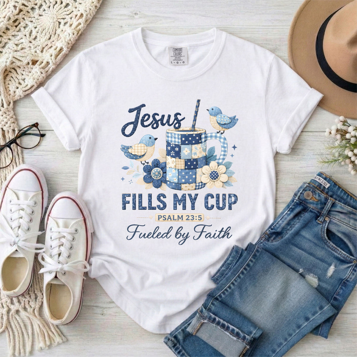 Jesus Fills My Cup Psalm 23:5 Faux Patchwork, Fueled by Faith T-Shirt