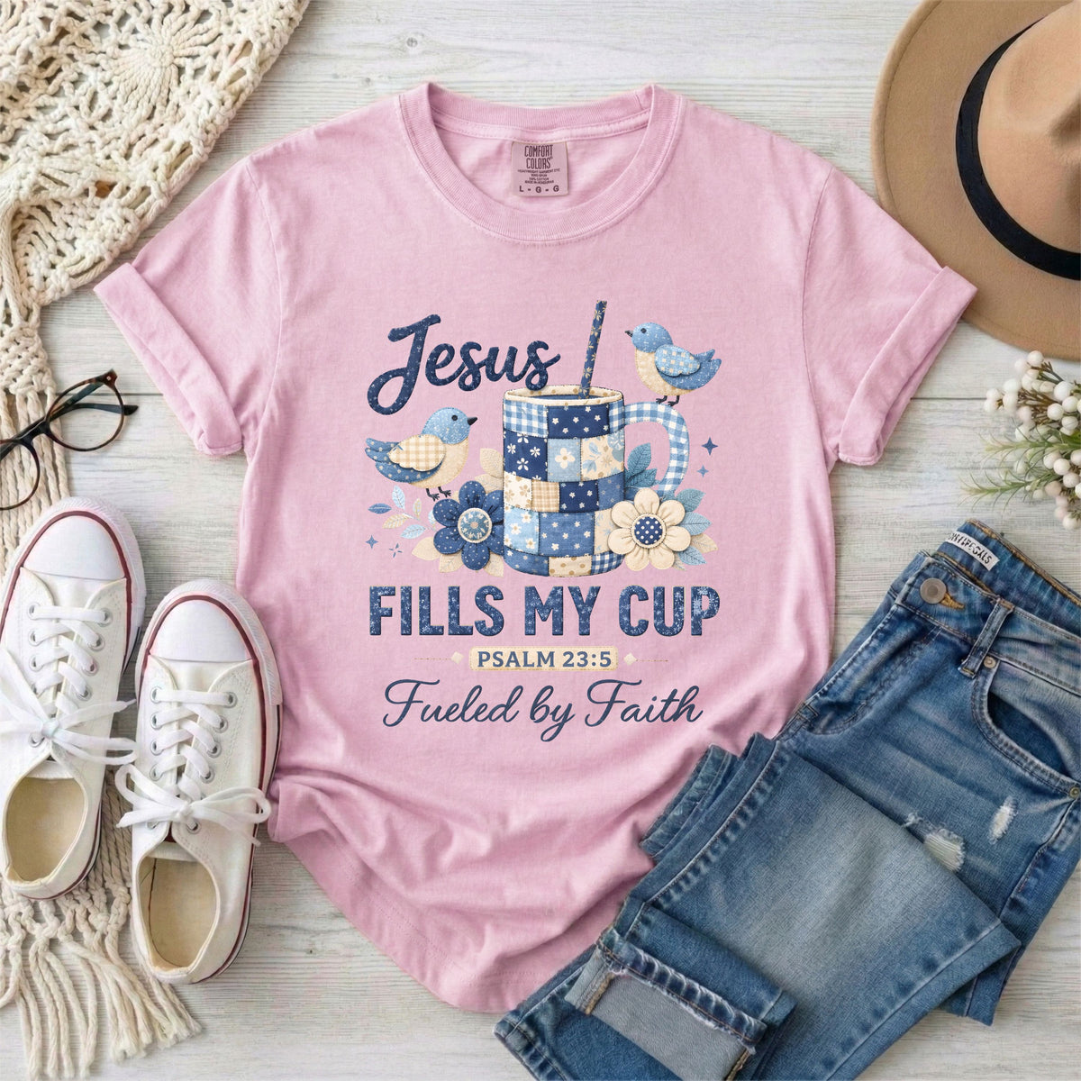 Jesus Fills My Cup Psalm 23:5 Faux Patchwork, Fueled by Faith T-Shirt