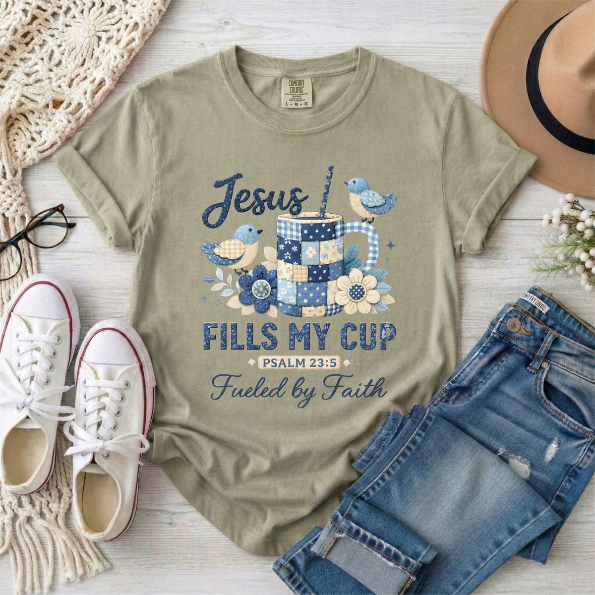 Jesus Fills My Cup Psalm 23:5 Faux Patchwork, Fueled by Faith T-Shirt