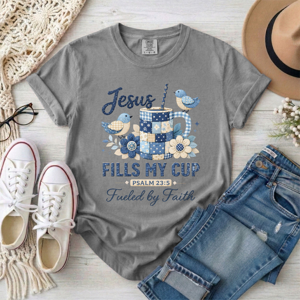 Jesus Fills My Cup Psalm 23:5 Faux Patchwork, Fueled by Faith T-Shirt