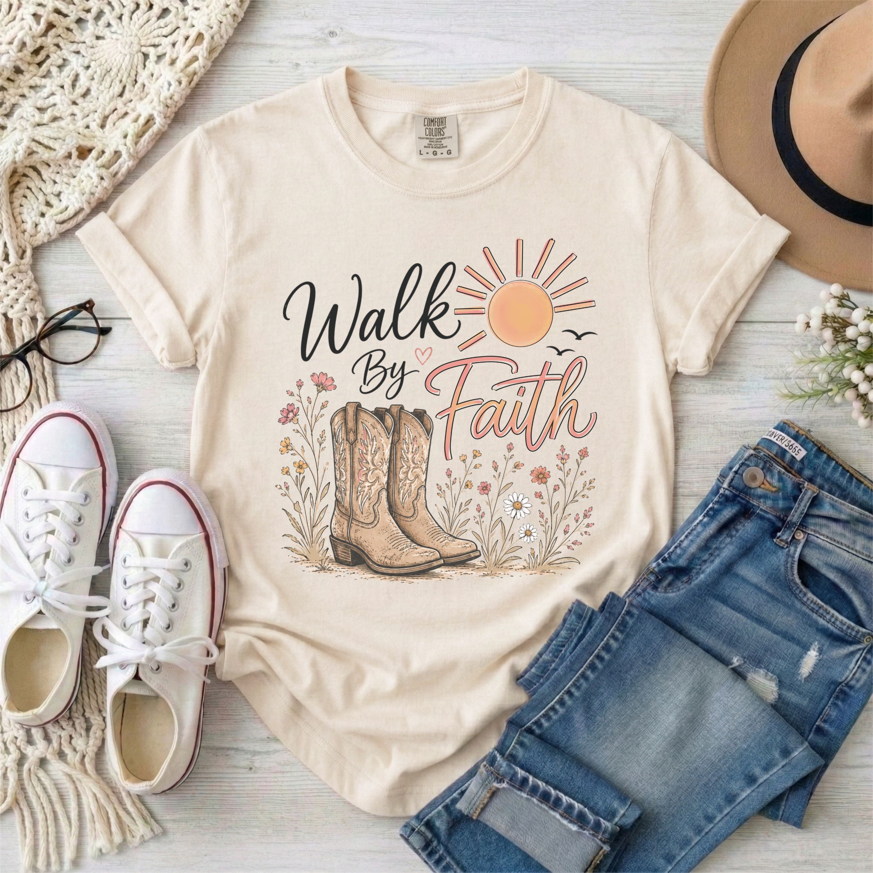 Walk By Faith, Cowgirl Boots, Christian T-Shirt