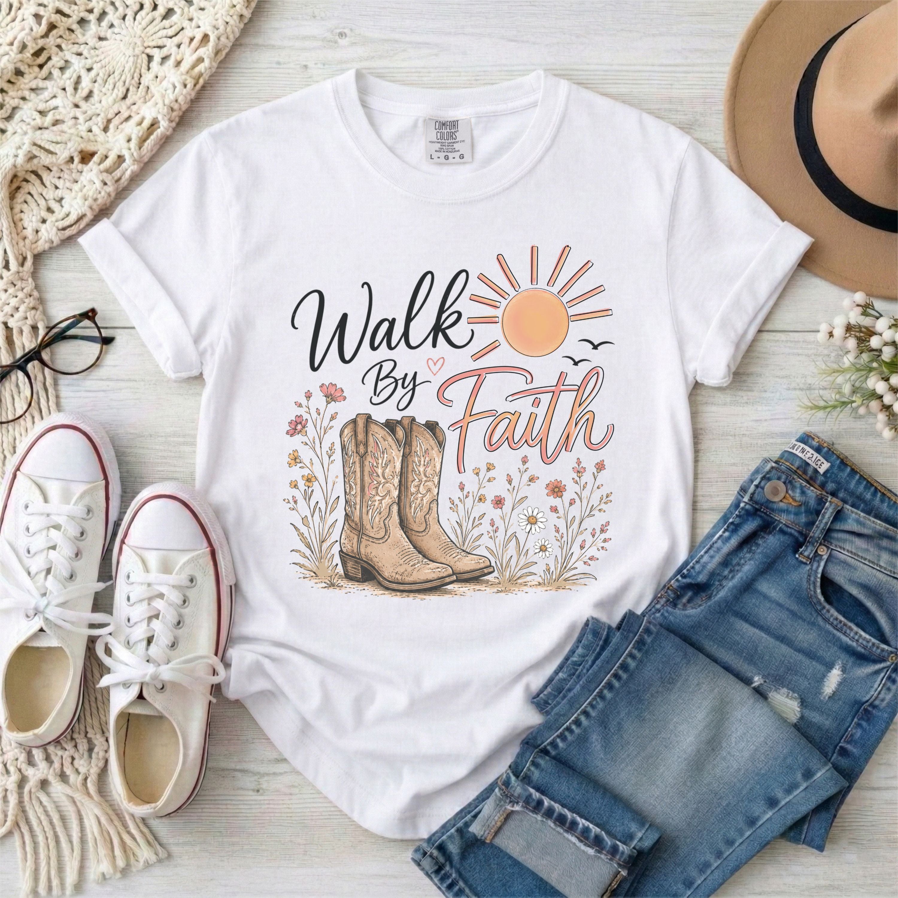 Walk By Faith, Cowgirl Boots, Christian T-Shirt