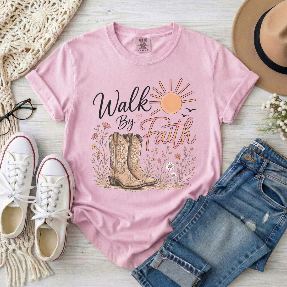 Walk By Faith, Cowgirl Boots, Christian T-Shirt