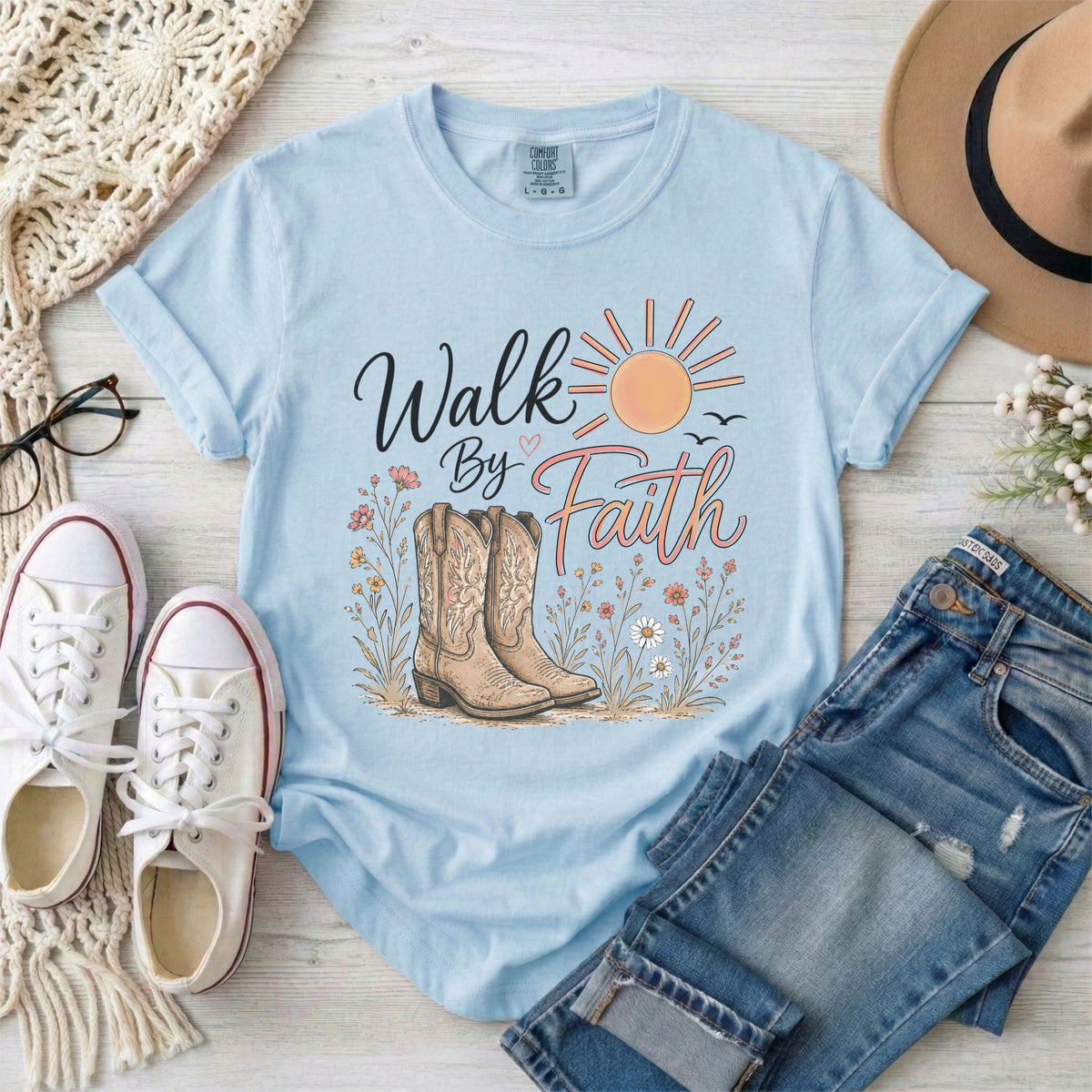 Walk By Faith, Cowgirl Boots, Christian T-Shirt