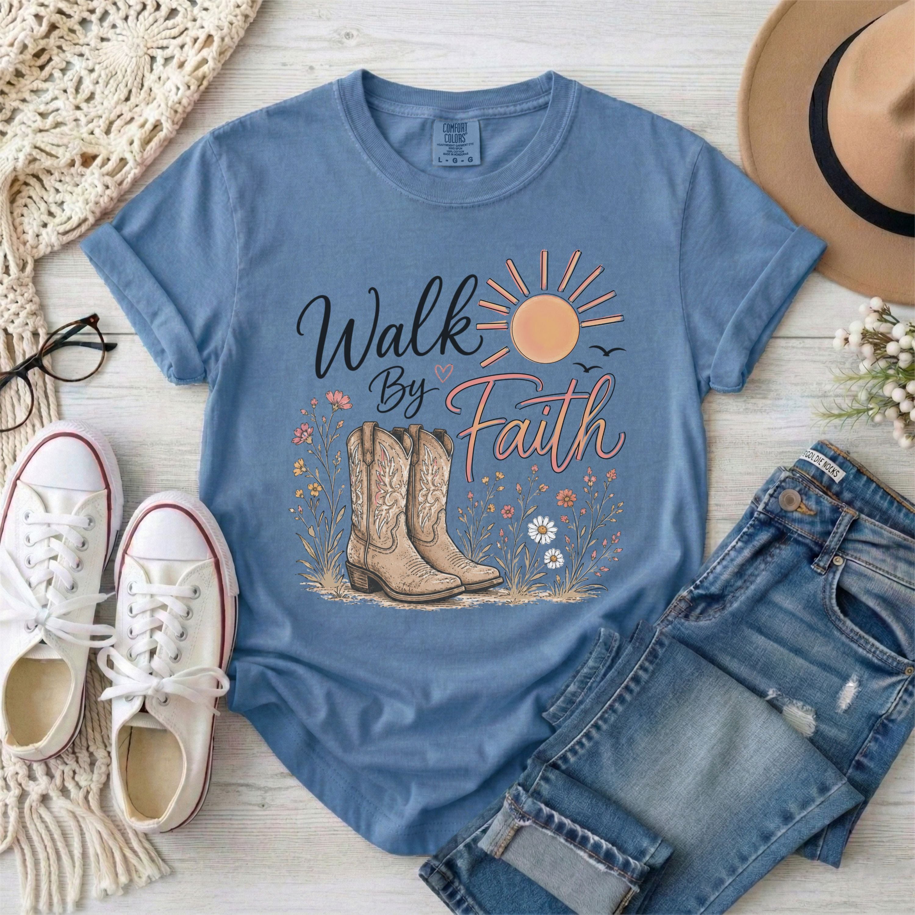Walk By Faith, Cowgirl Boots, Christian T-Shirt