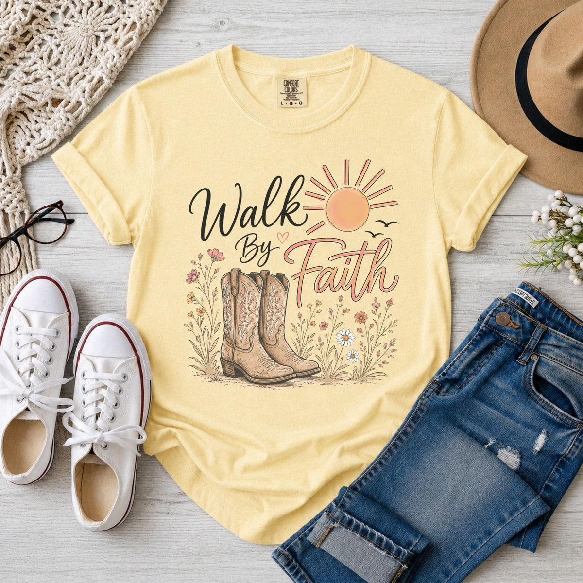 Walk By Faith, Cowgirl Boots, Christian T-Shirt