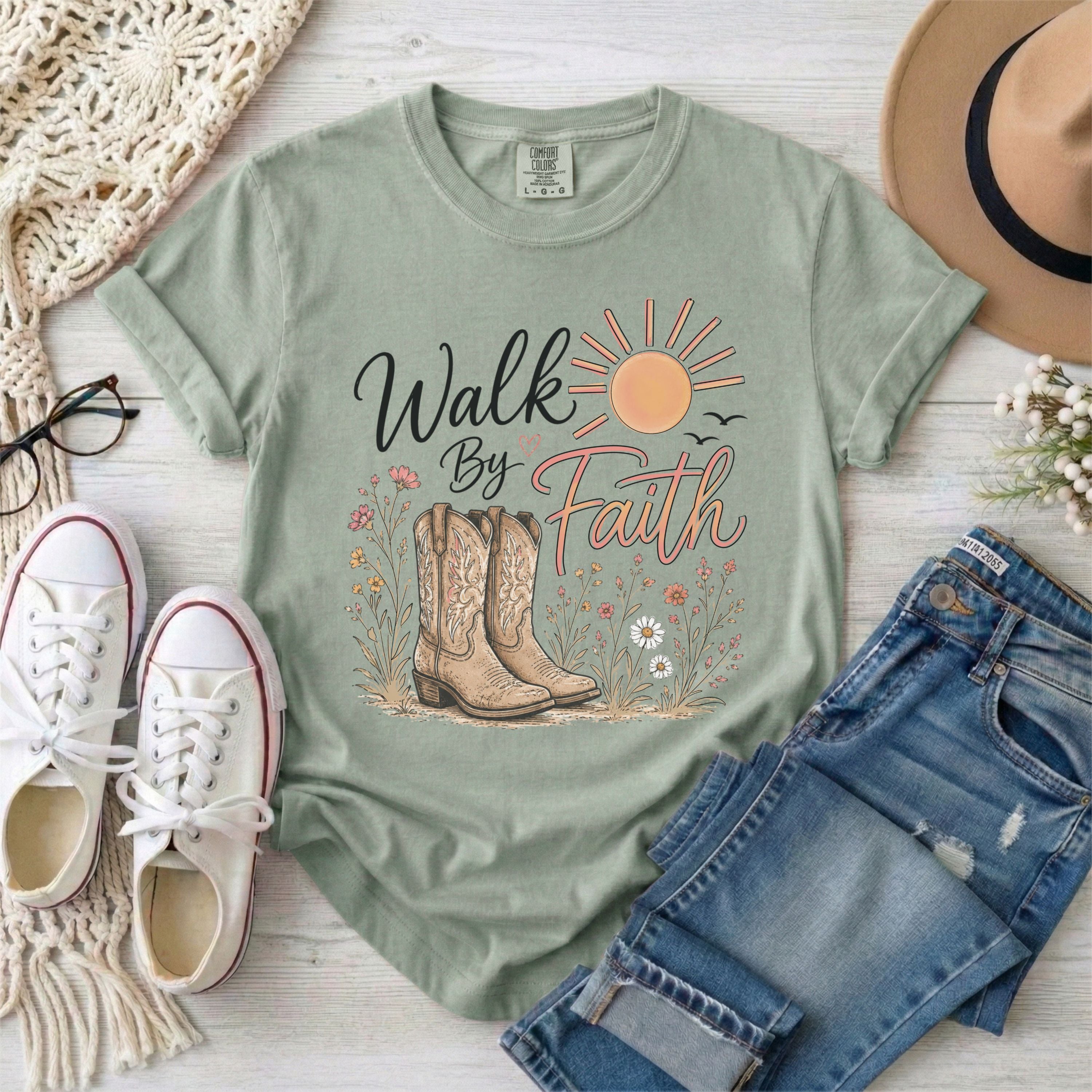 Walk By Faith, Cowgirl Boots, Christian T-Shirt