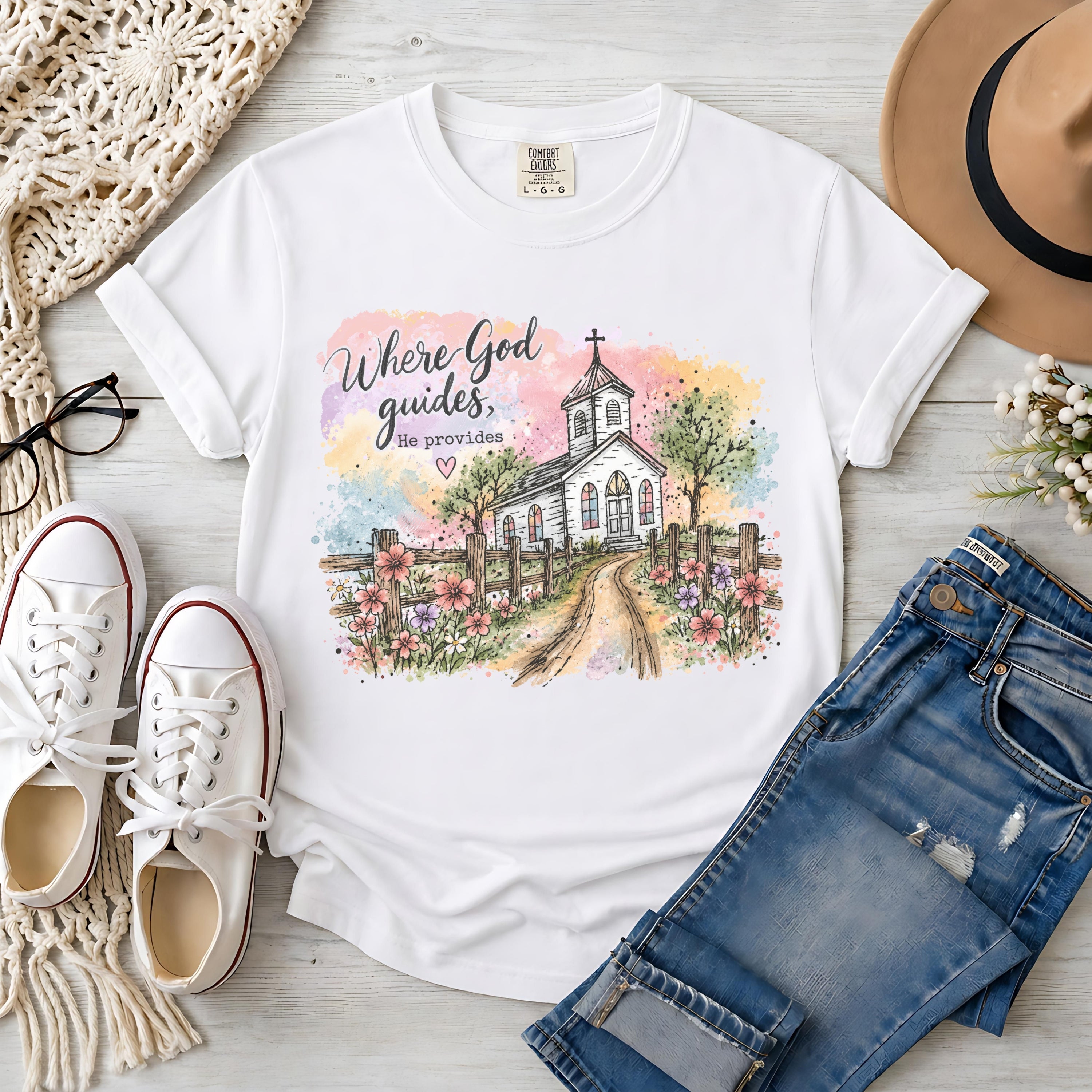Where God Guides He Provides, Country Church, T-Shirt