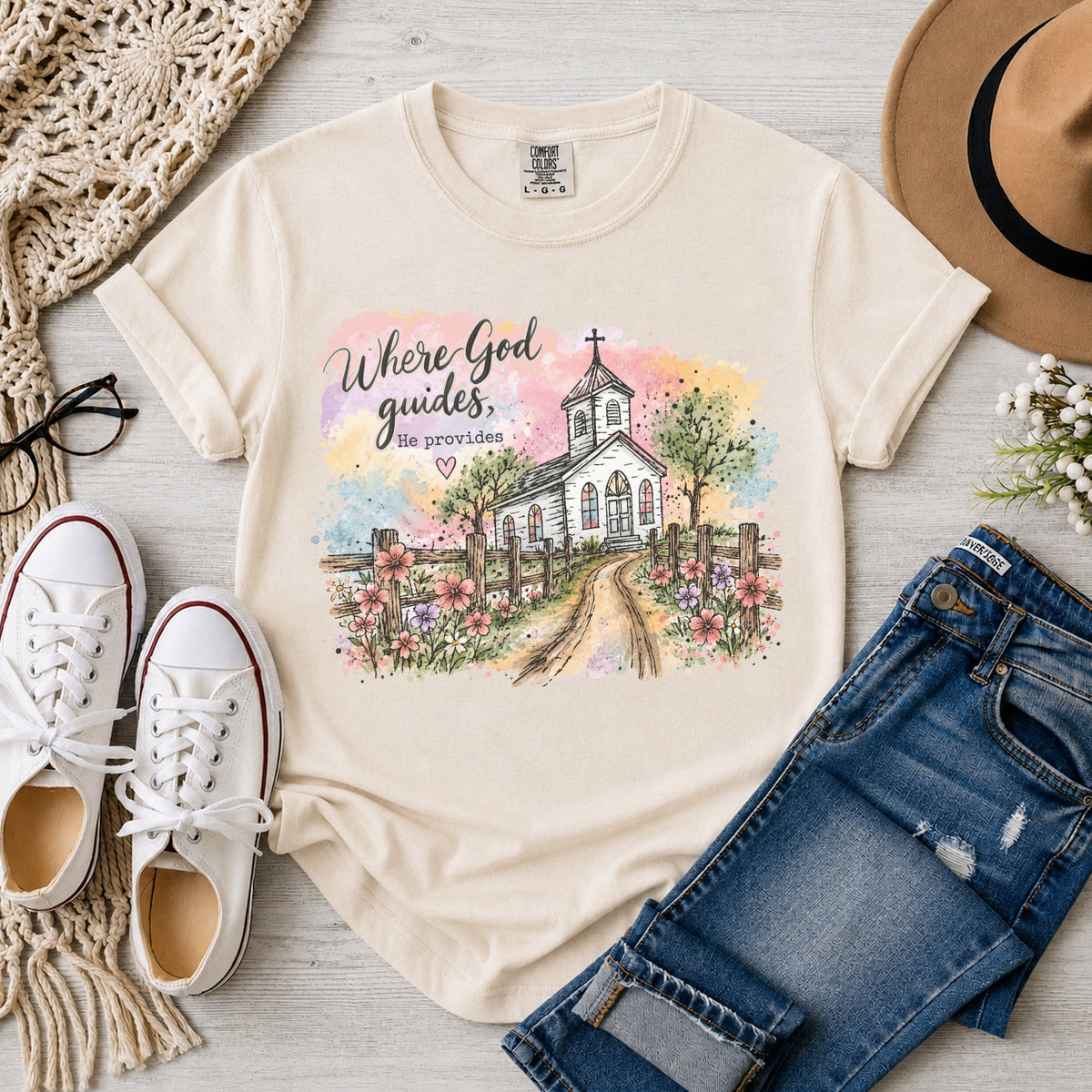 Where God Guides He Provides, Country Church, T-Shirt