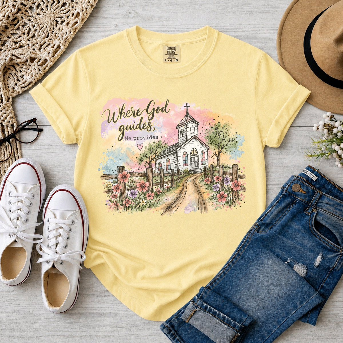 Where God Guides He Provides, Country Church, T-Shirt