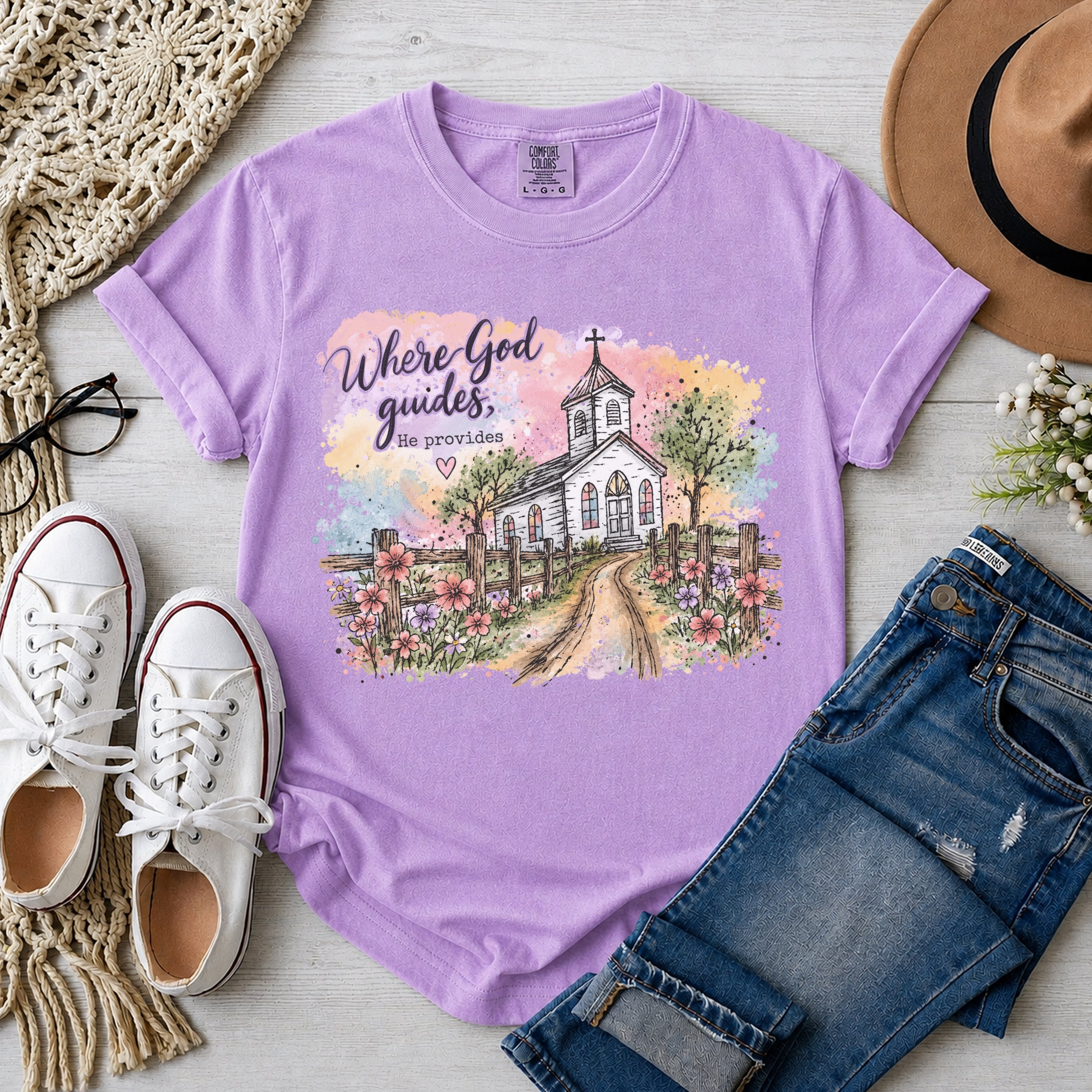 Where God Guides He Provides, Country Church, T-Shirt