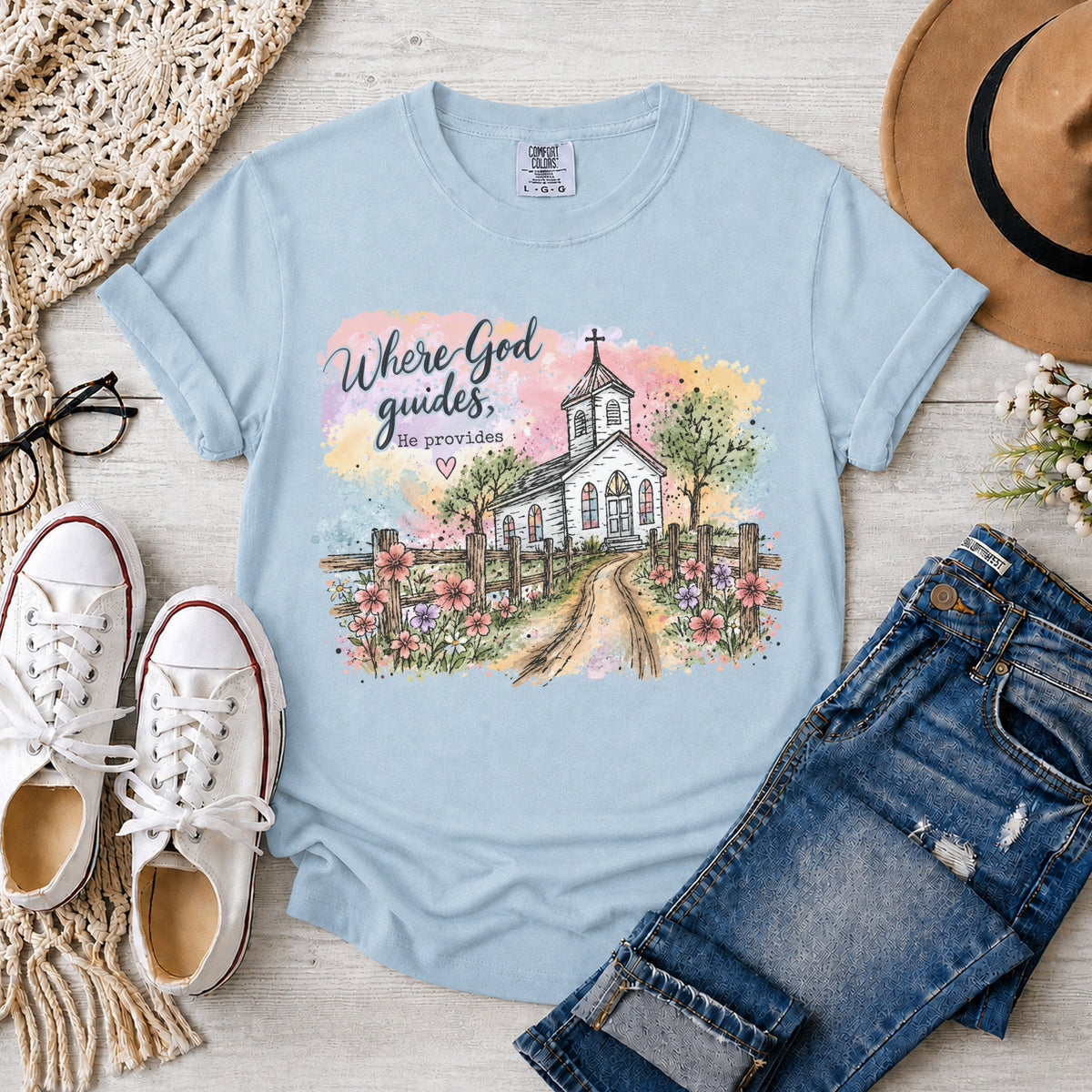 Where God Guides He Provides, Country Church, T-Shirt