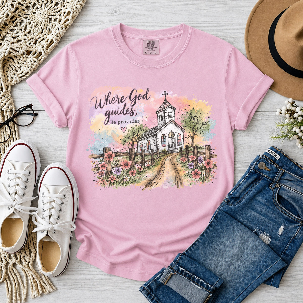 Where God Guides He Provides, Country Church, T-Shirt