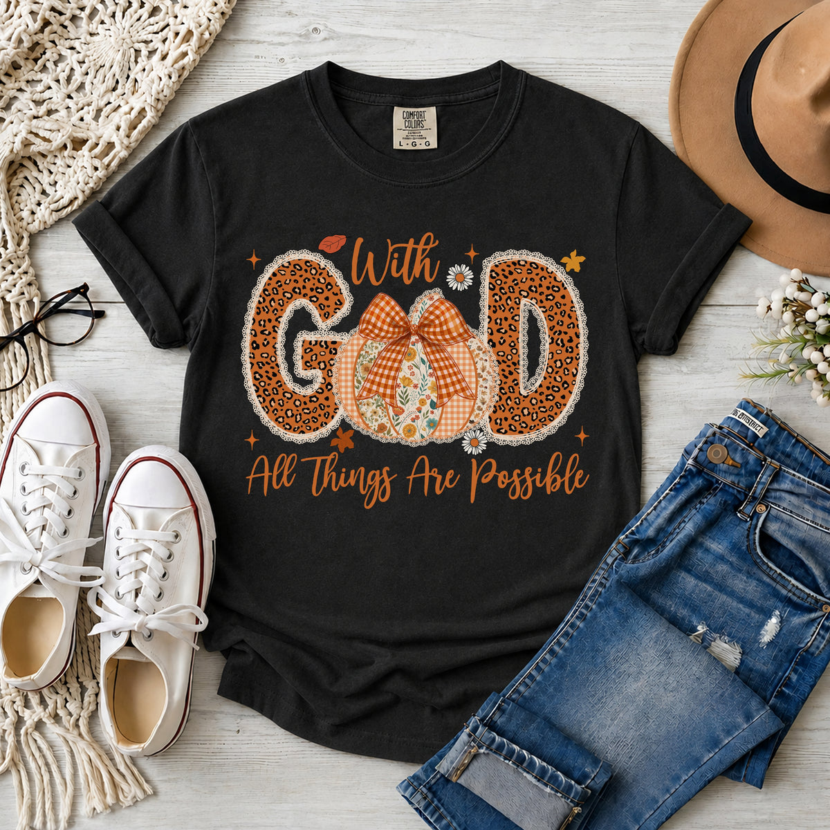 With God All Things Are Possible, Faux Patchwork & Lace Fall Pumpkin, T-Shirt