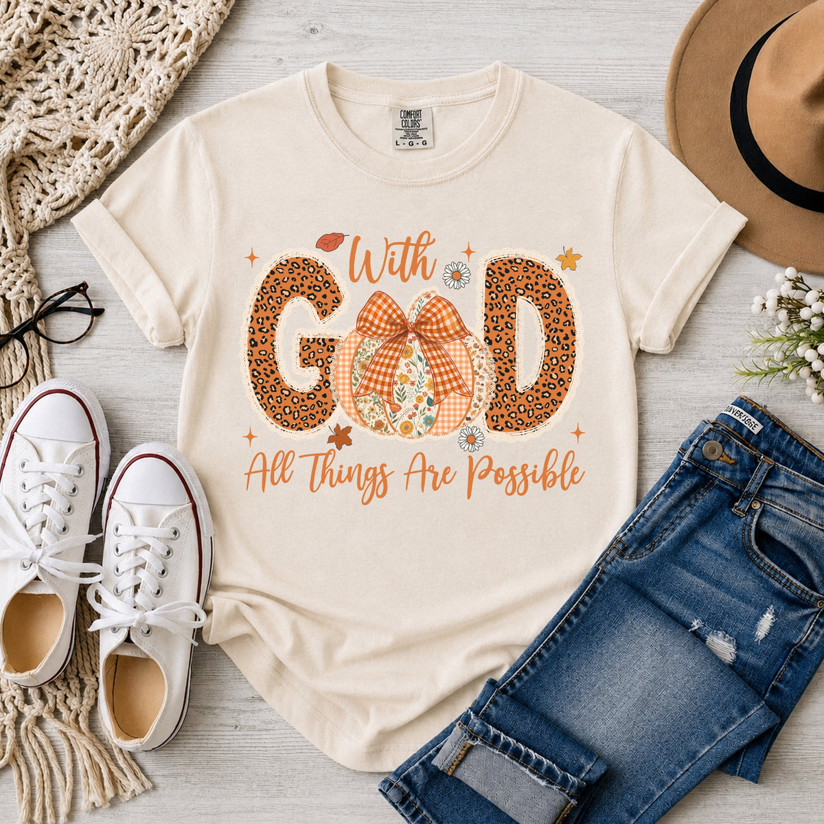 With God All Things Are Possible, Faux Patchwork & Lace Fall Pumpkin, T-Shirt