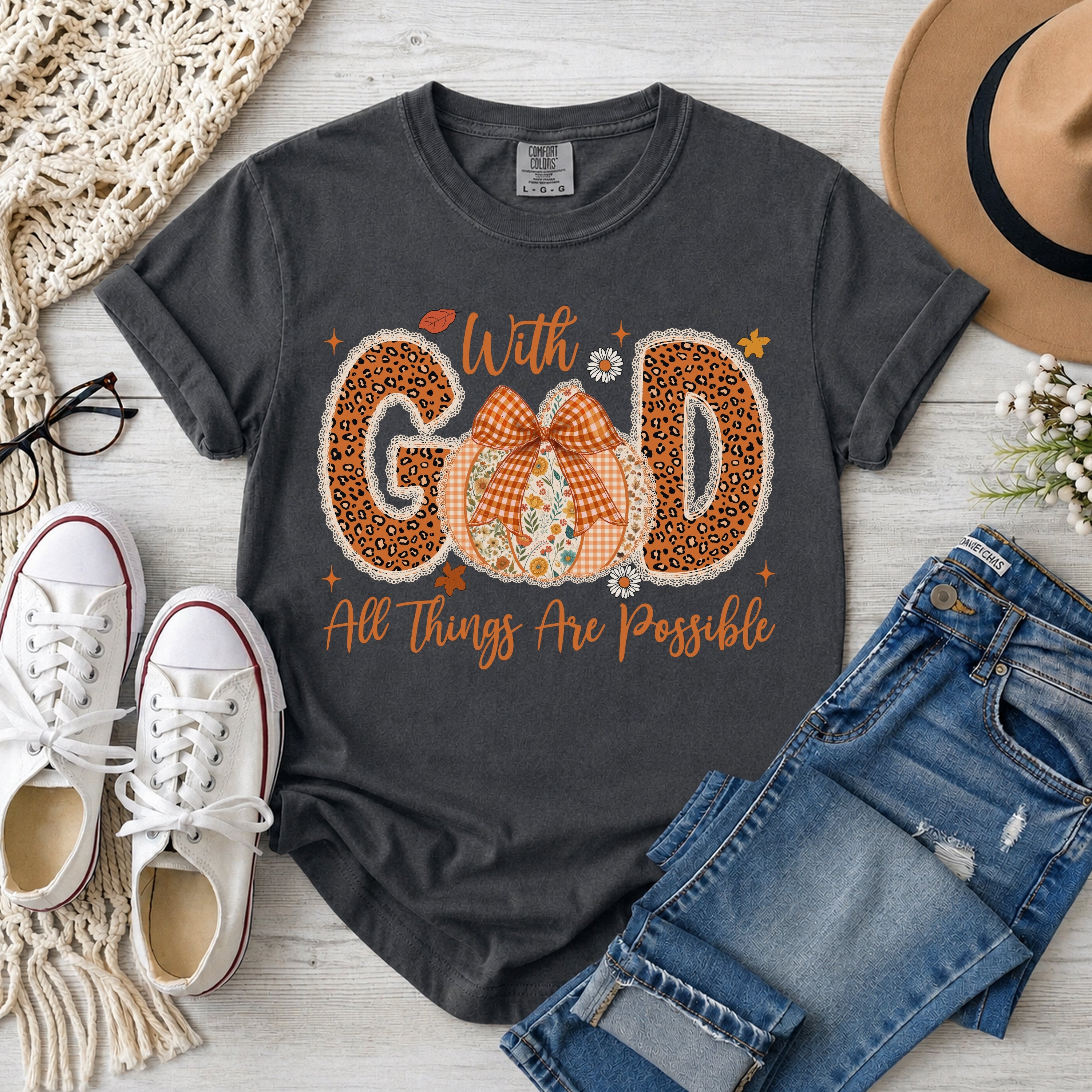 With God All Things Are Possible, Faux Patchwork & Lace Fall Pumpkin, T-Shirt