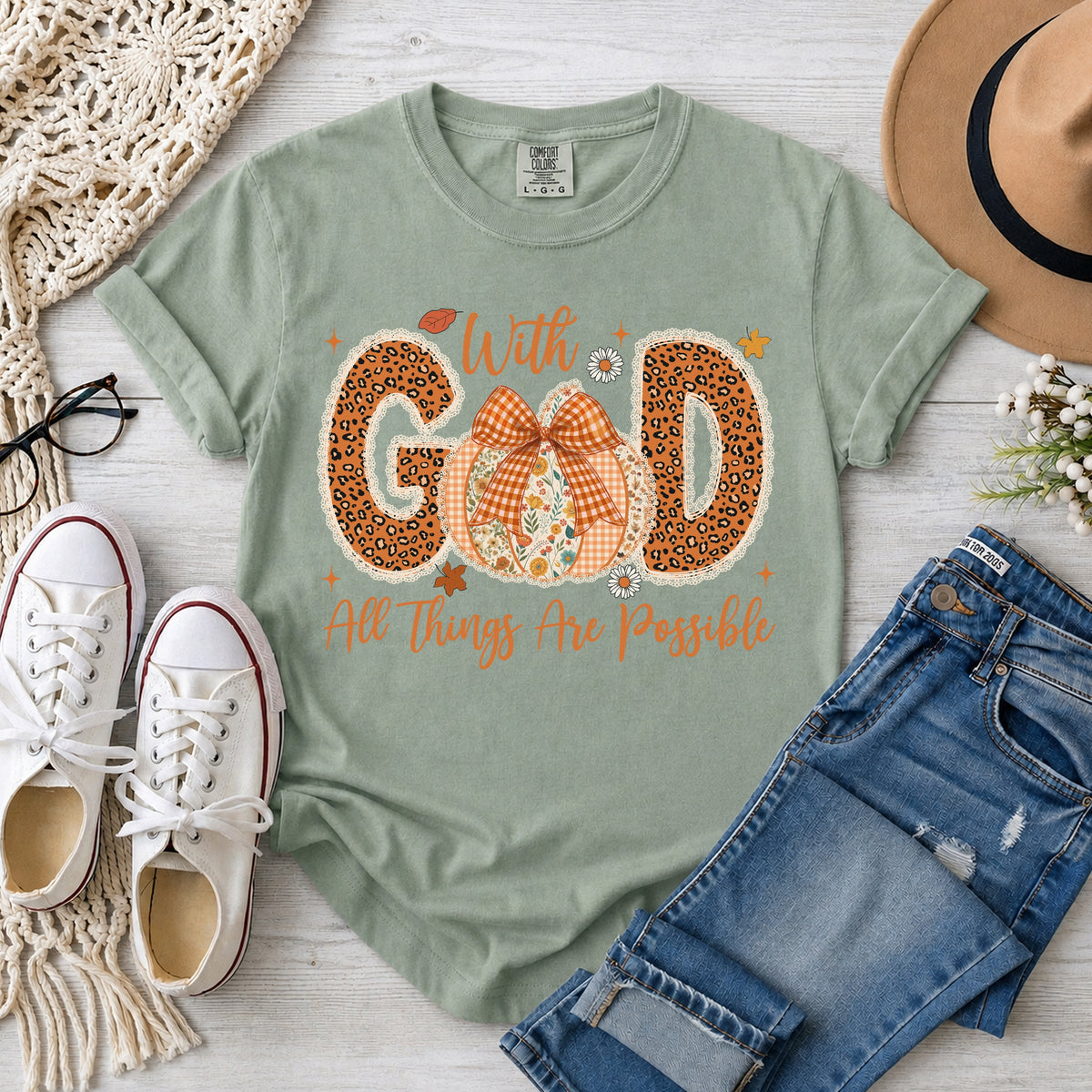 With God All Things Are Possible, Faux Patchwork & Lace Fall Pumpkin, T-Shirt