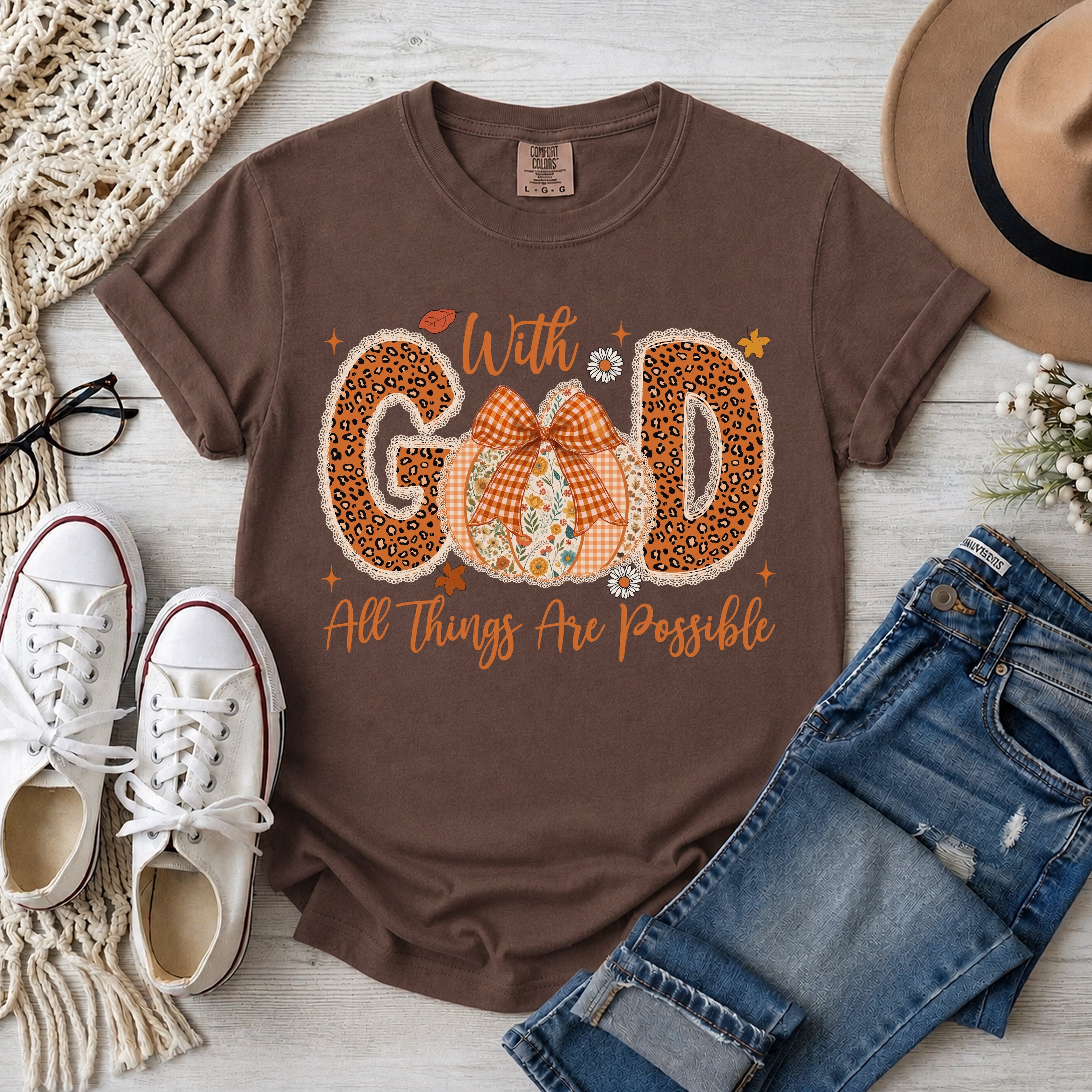 With God All Things Are Possible, Faux Patchwork & Lace Fall Pumpkin, T-Shirt