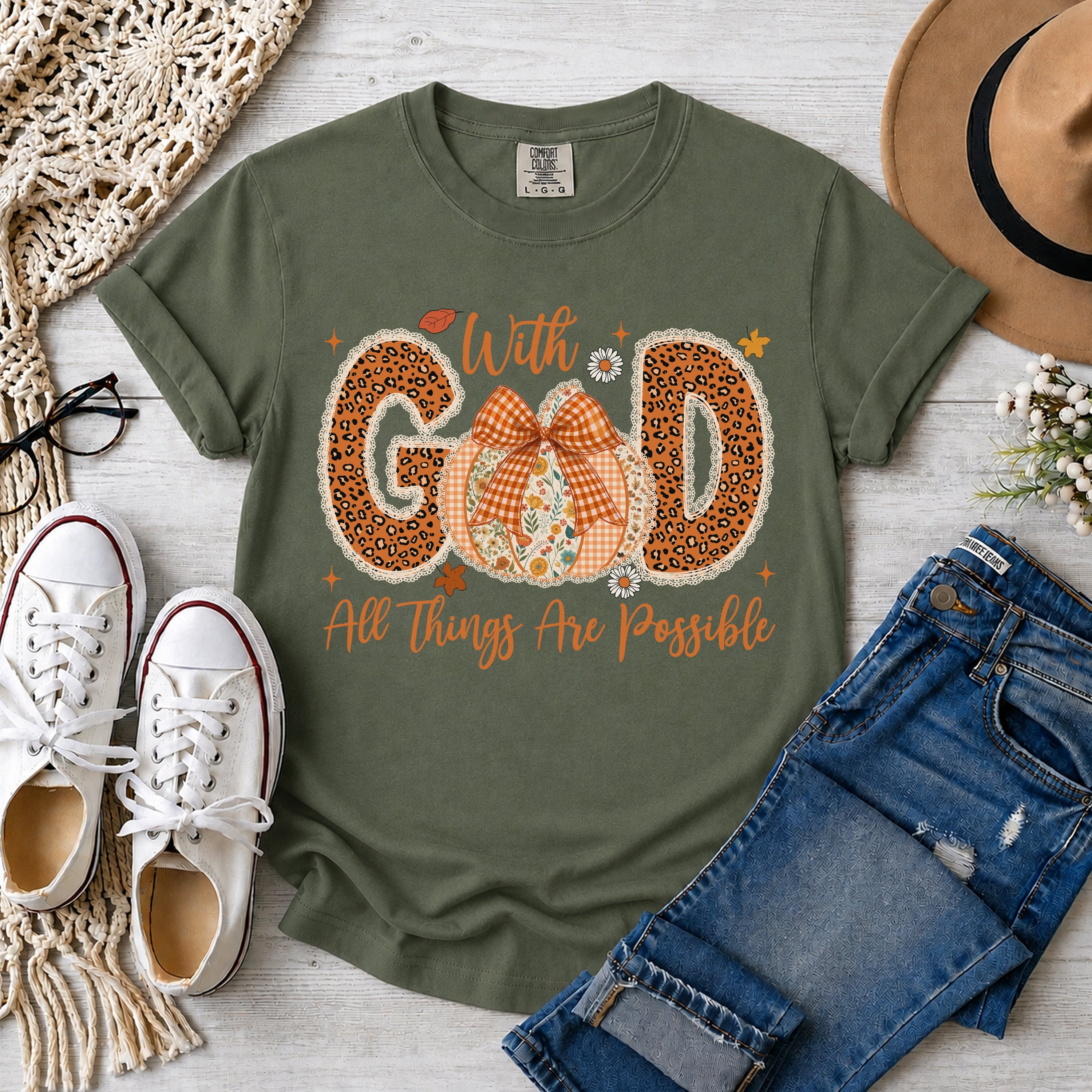 With God All Things Are Possible, Faux Patchwork & Lace Fall Pumpkin, T-Shirt