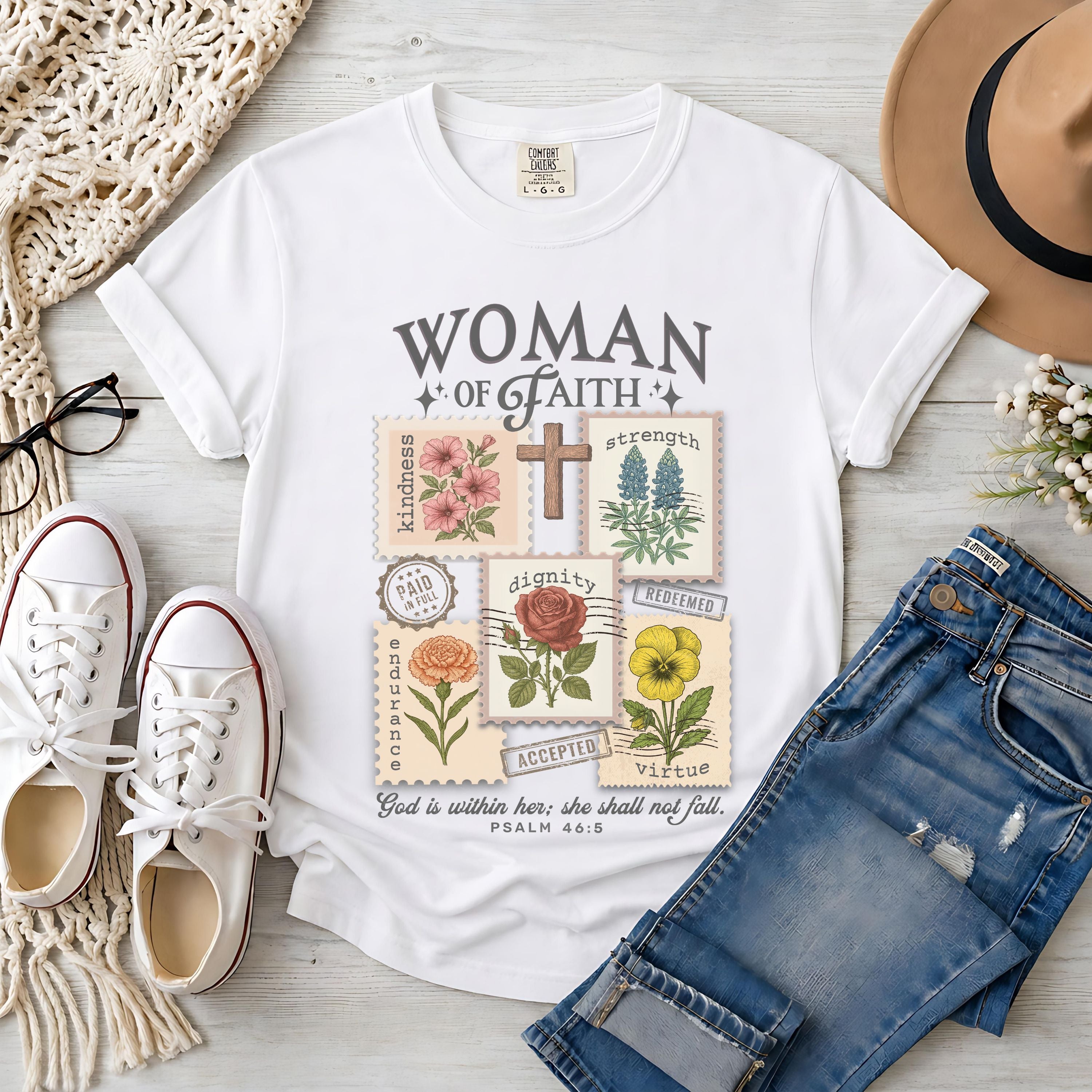 Woman of Faith Christian T-Shirt – Psalm 46:5 Vintage Floral Faith Tee