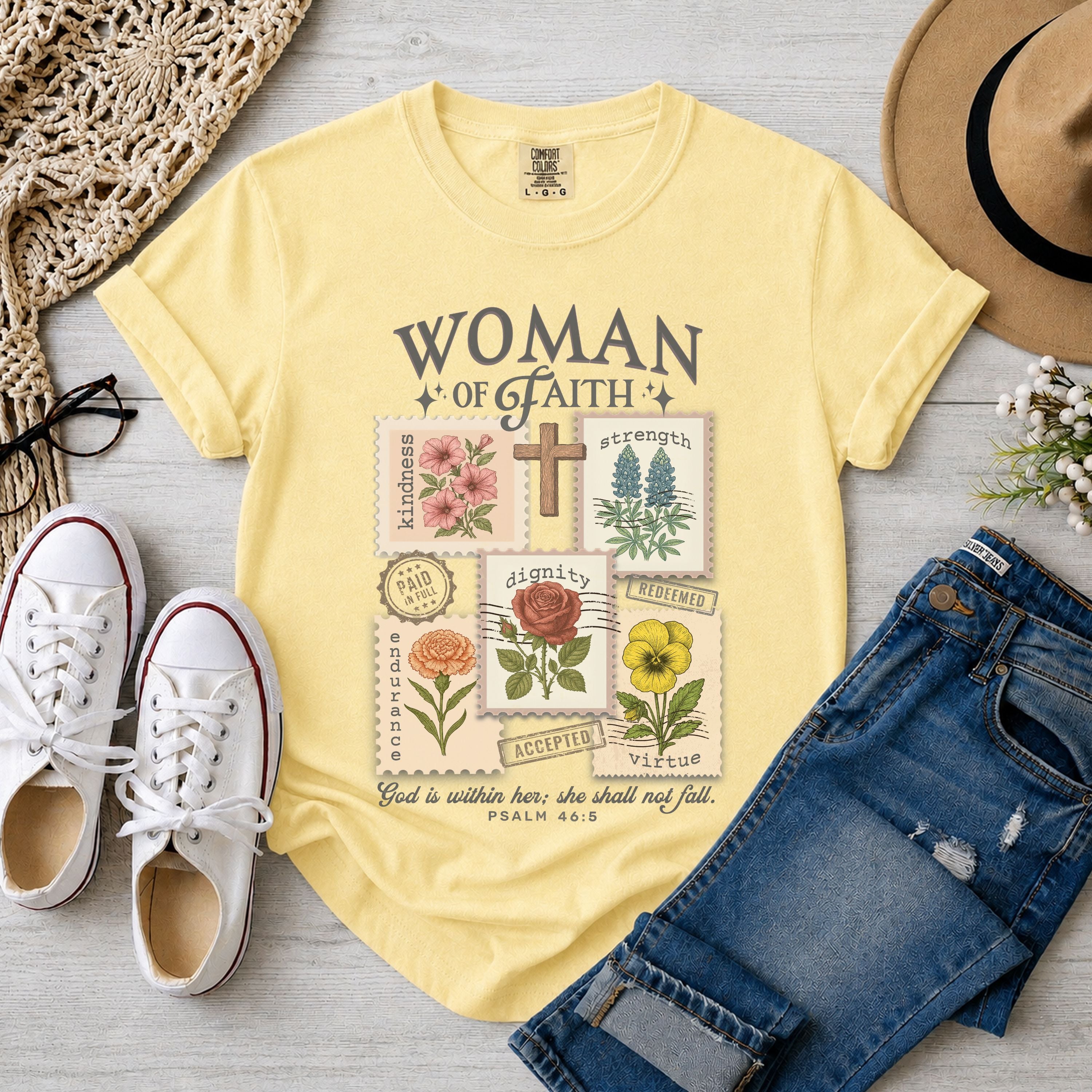Woman of Faith Christian T-Shirt – Psalm 46:5 Vintage Floral Faith Tee