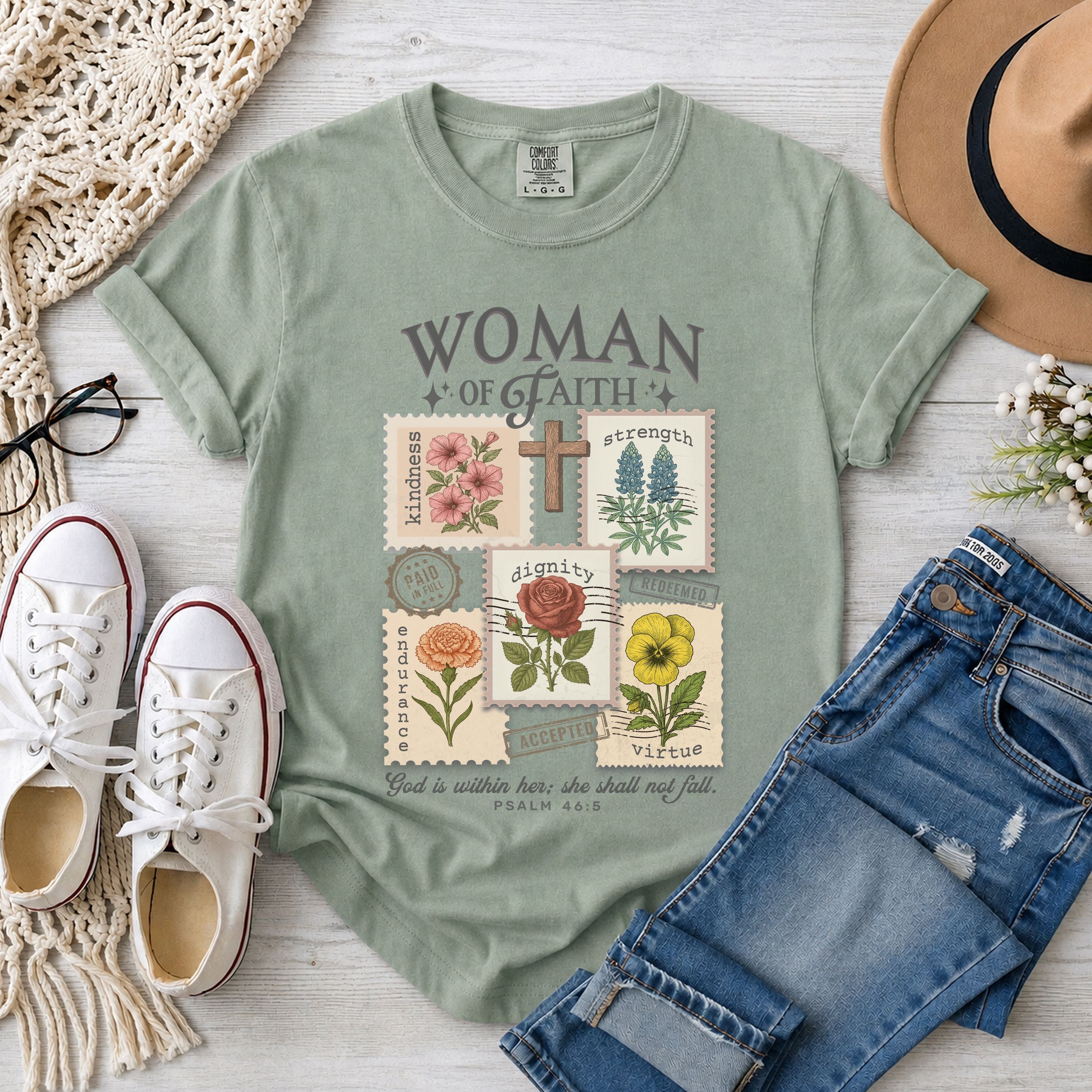 Woman of Faith Christian T-Shirt – Psalm 46:5 Vintage Floral Faith Tee