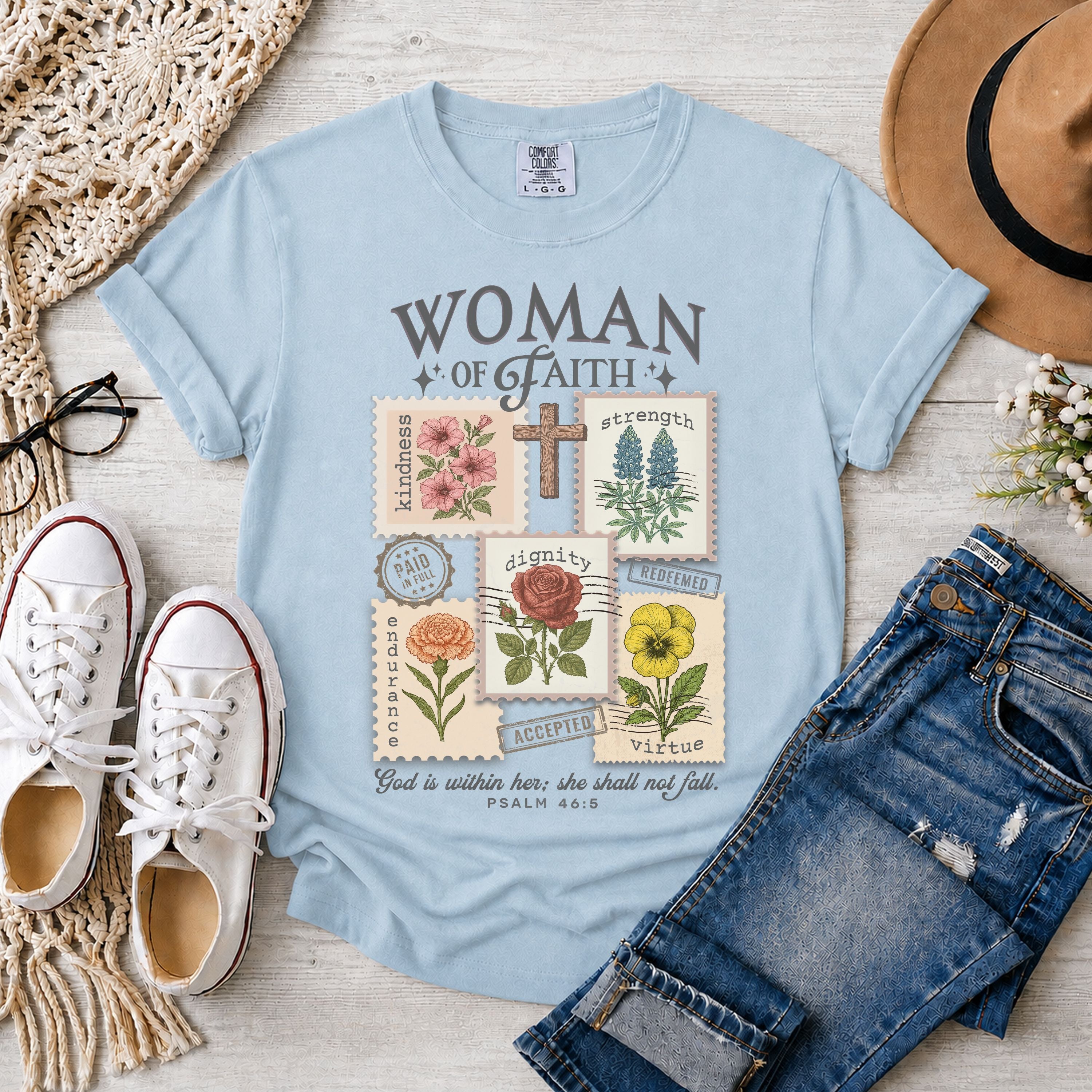 Woman of Faith Christian T-Shirt – Psalm 46:5 Vintage Floral Faith Tee