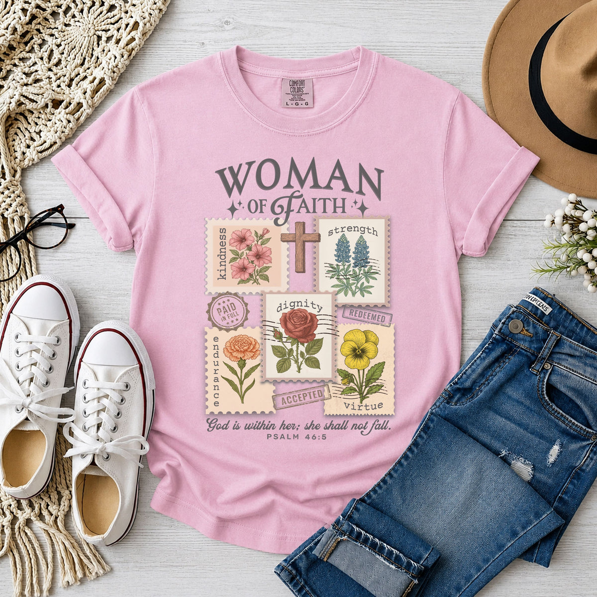 Woman of Faith Christian T-Shirt – Psalm 46:5 Vintage Floral Faith Tee