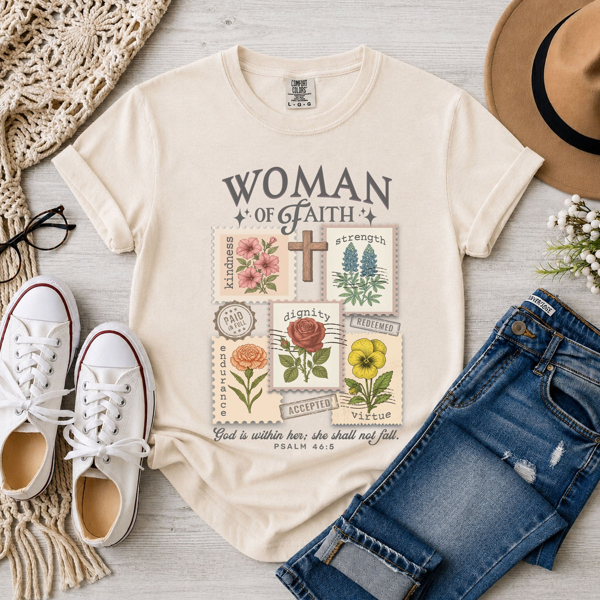 Woman of Faith Christian T-Shirt – Psalm 46:5 Vintage Floral Faith Tee