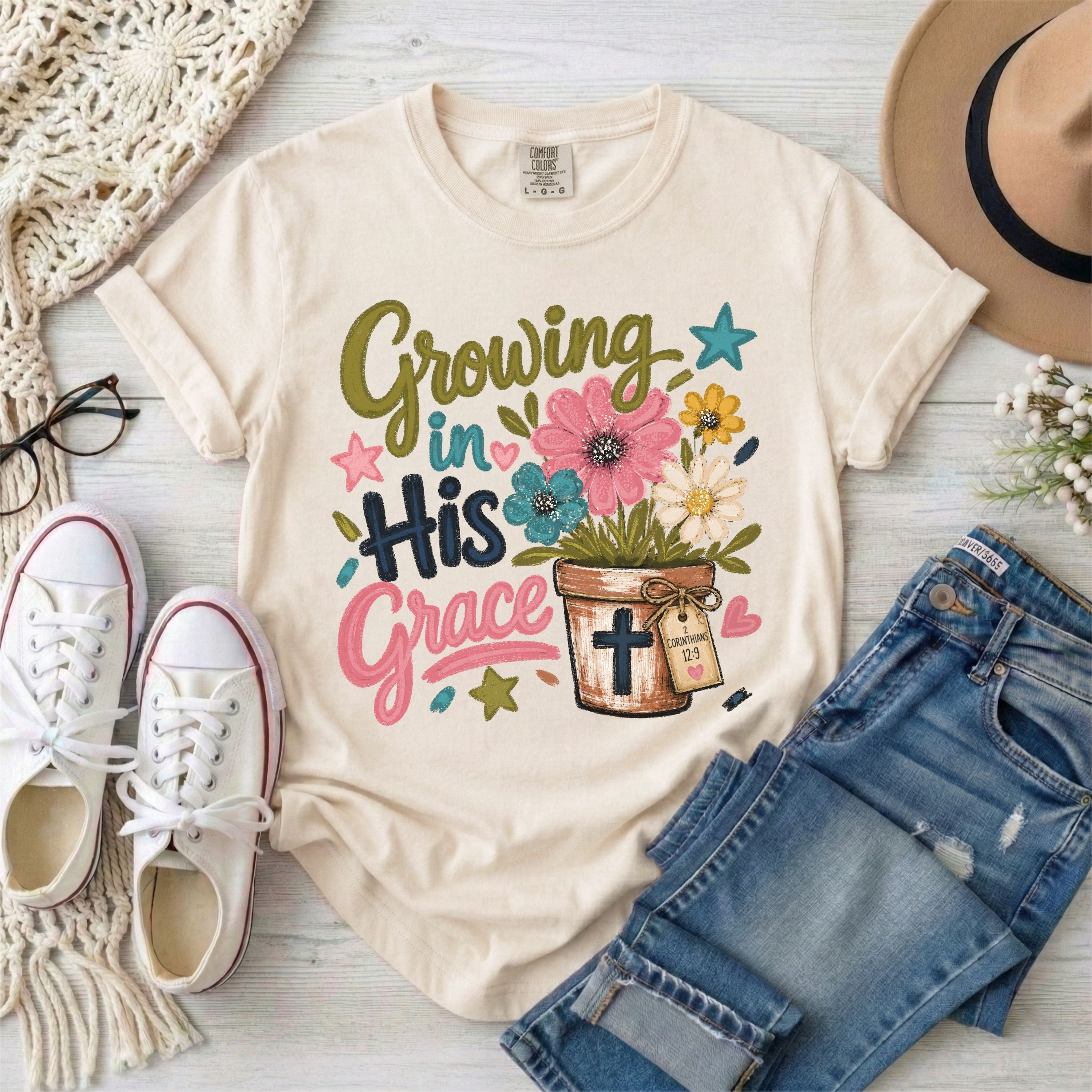 Growing in His Grace, 2 Corinthians 12:9 Floral T-Shirt