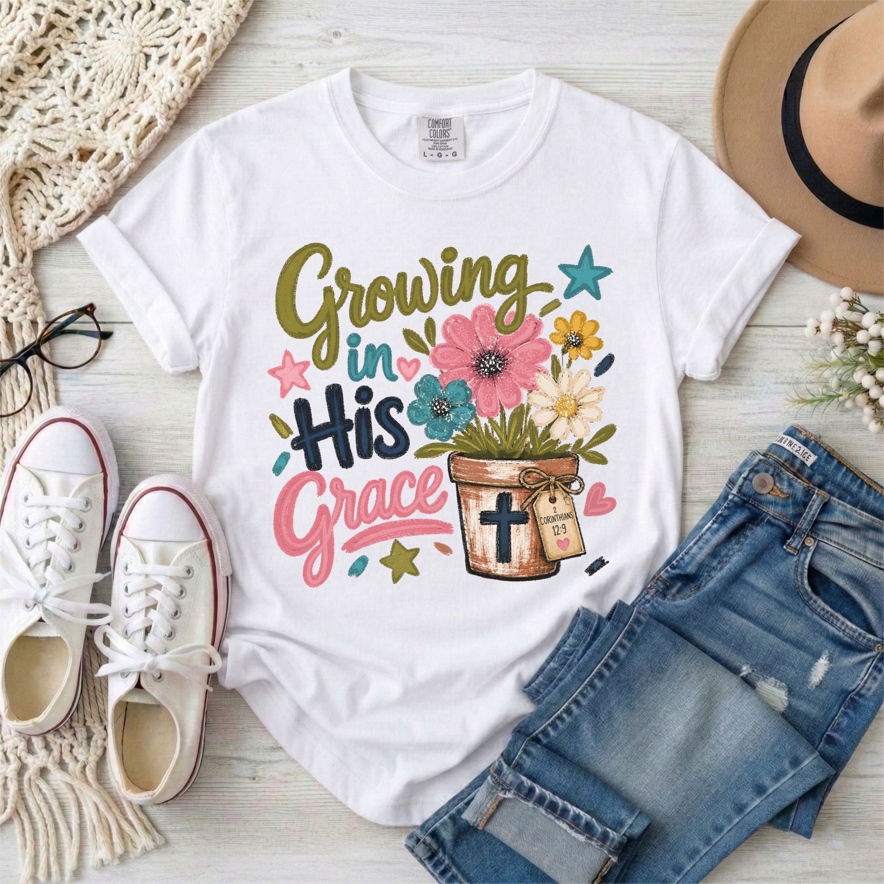 Growing in His Grace, 2 Corinthians 12:9 Floral T-Shirt