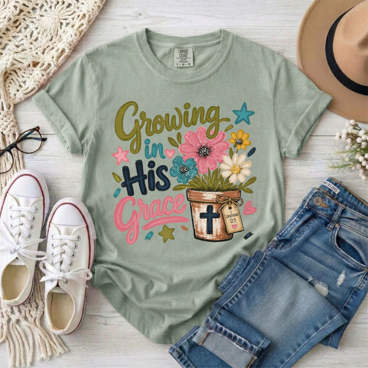 Growing in His Grace, 2 Corinthians 12:9 Floral T-Shirt