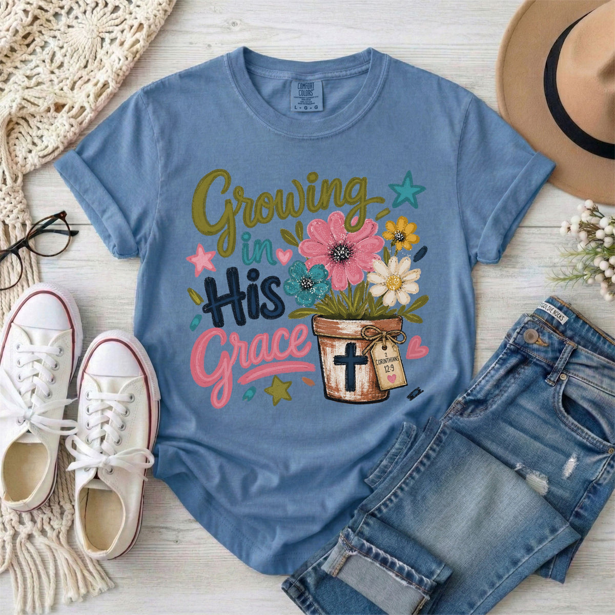 Growing in His Grace, 2 Corinthians 12:9 Floral T-Shirt
