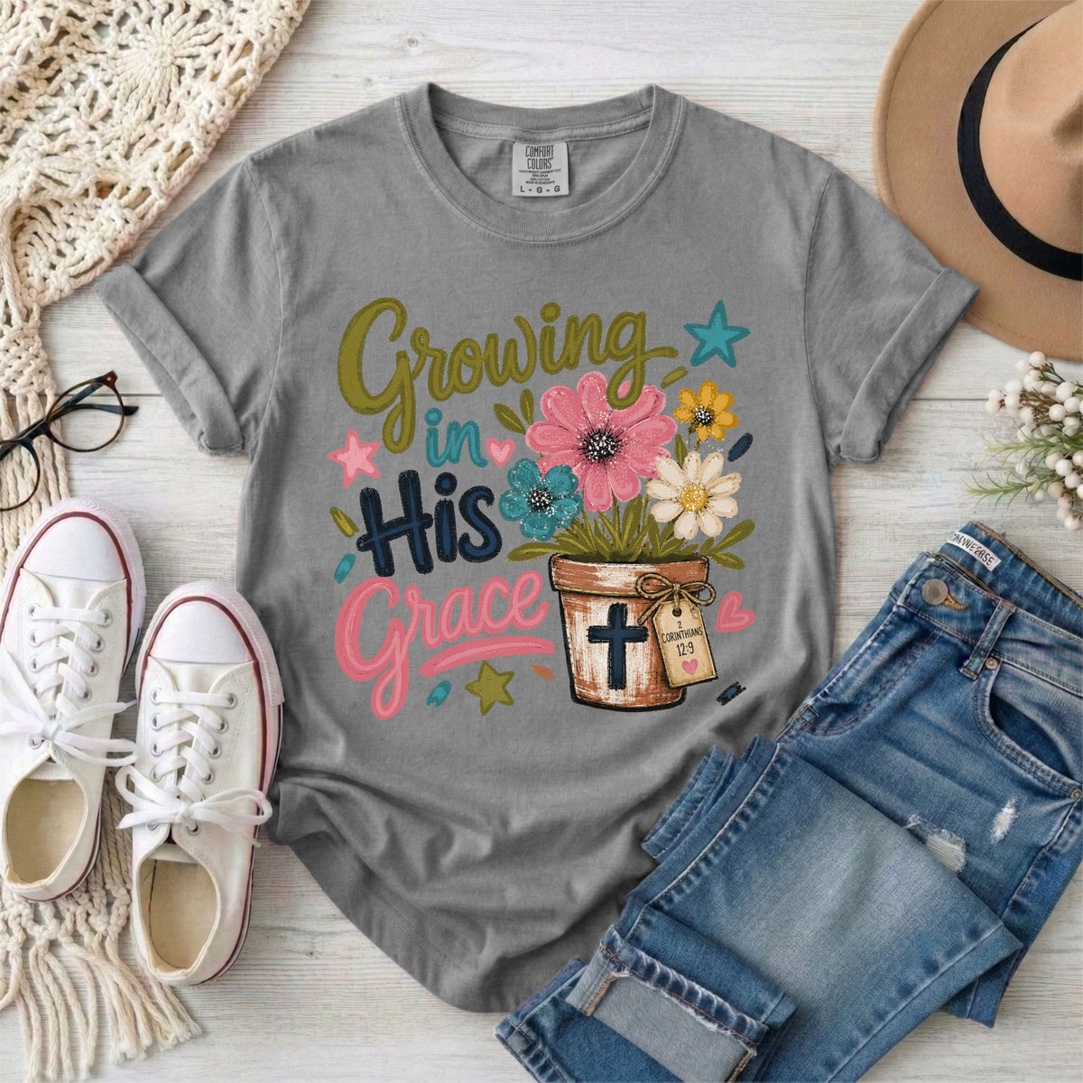 Growing in His Grace, 2 Corinthians 12:9 Floral T-Shirt