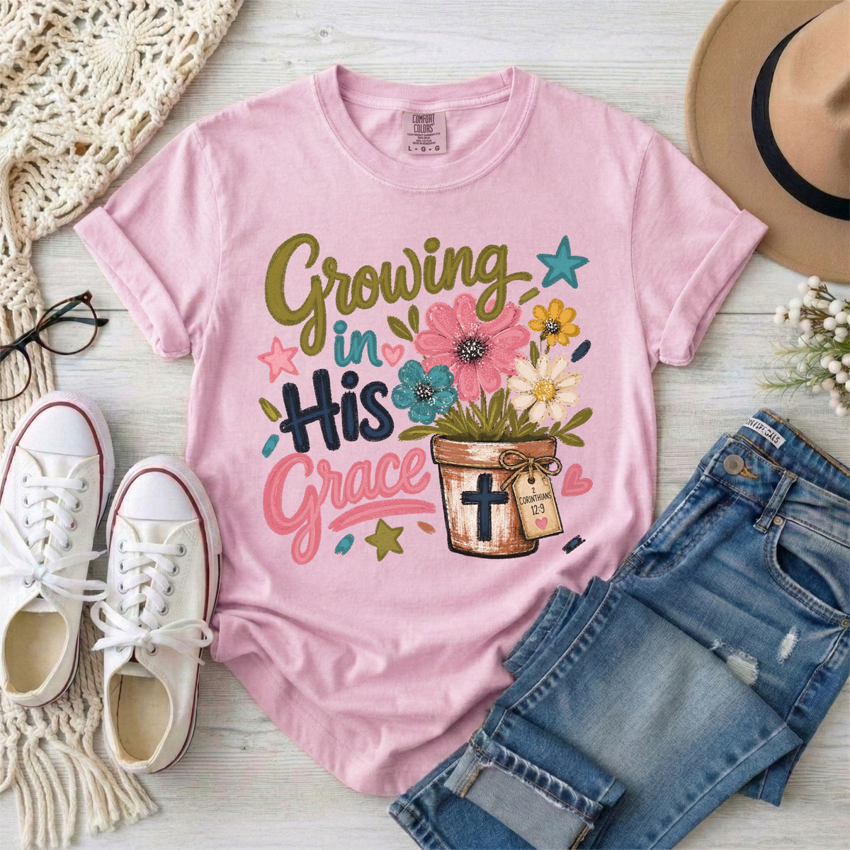 Growing in His Grace, 2 Corinthians 12:9 Floral T-Shirt