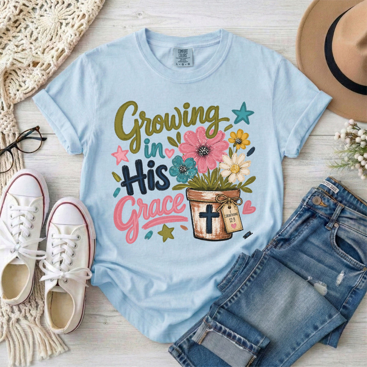 Growing in His Grace, 2 Corinthians 12:9 Floral T-Shirt