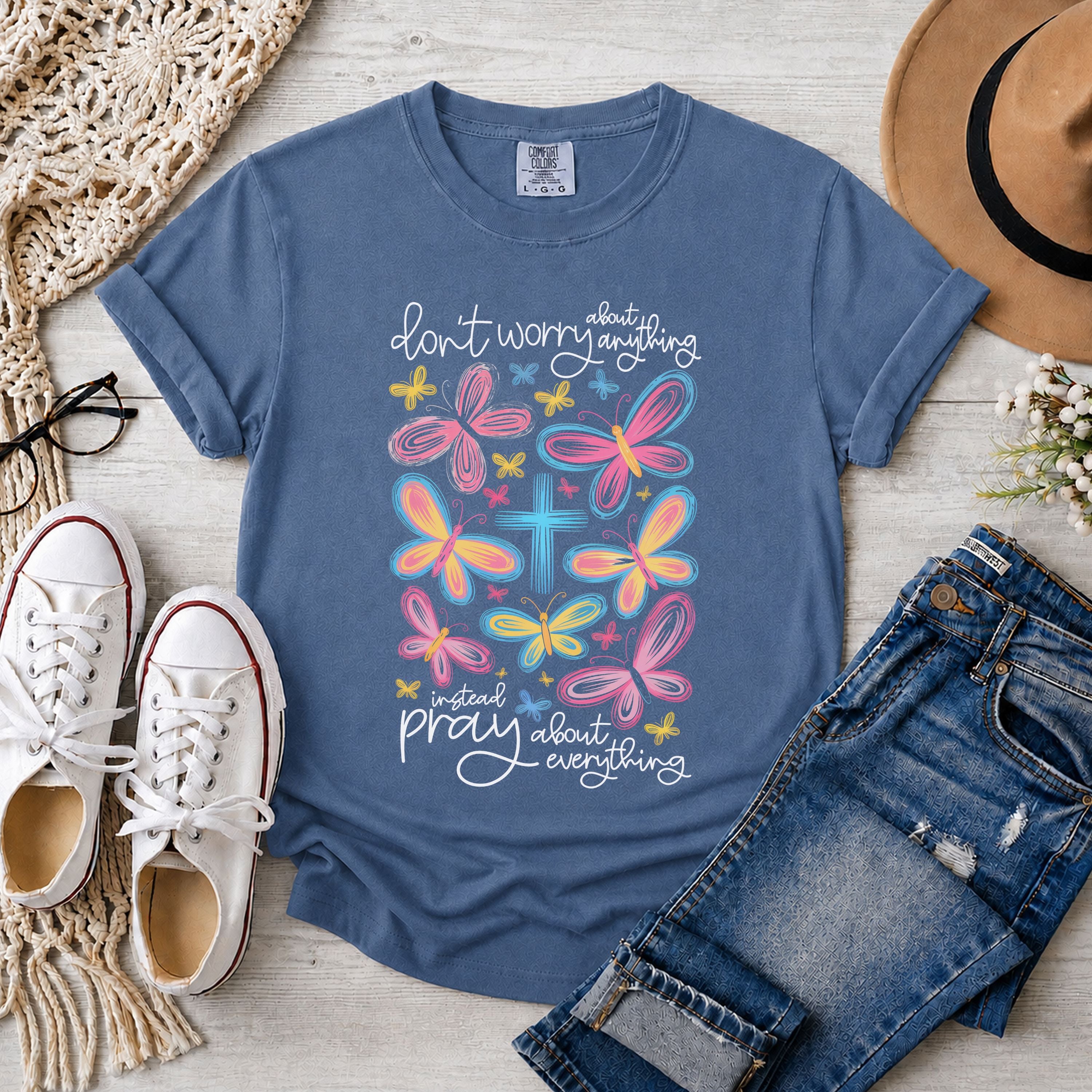 Don't Worry, Pray About Everything, Pink Butterfly T-Shirt