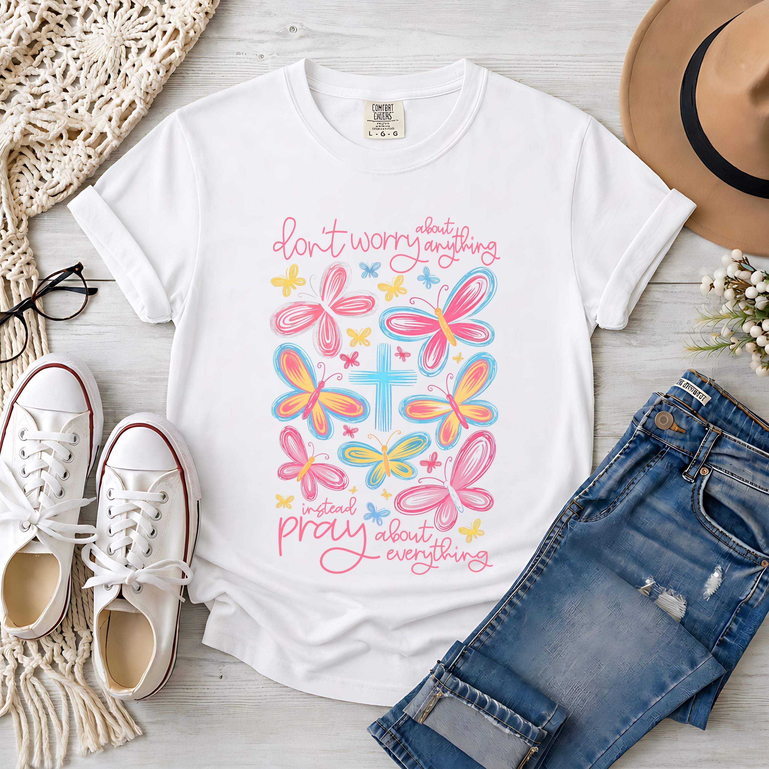 Don't Worry, Pray About Everything, Pink Butterfly T-Shirt