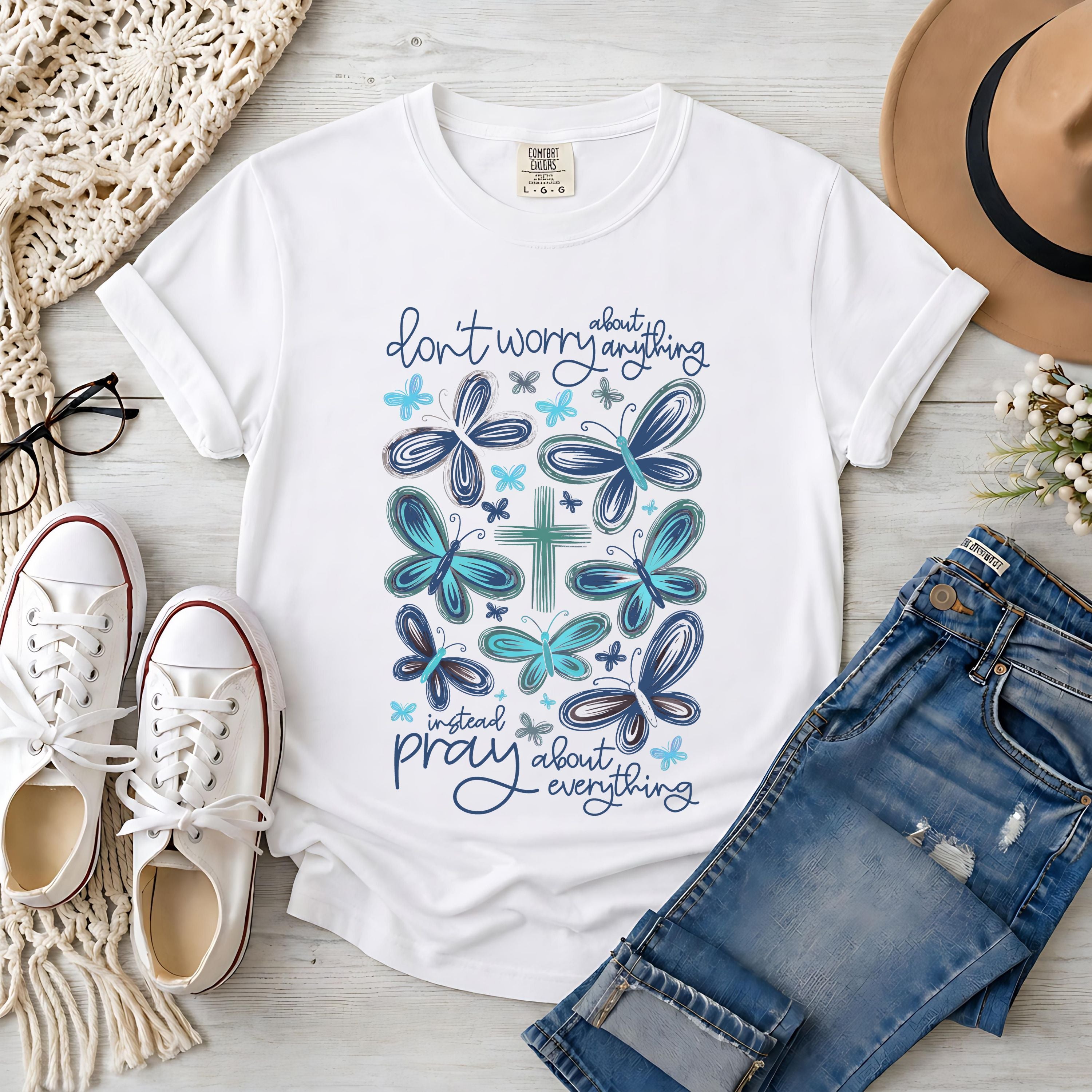 Don't Worry, Pray About Everything, Blue Butterfly T-Shirt
